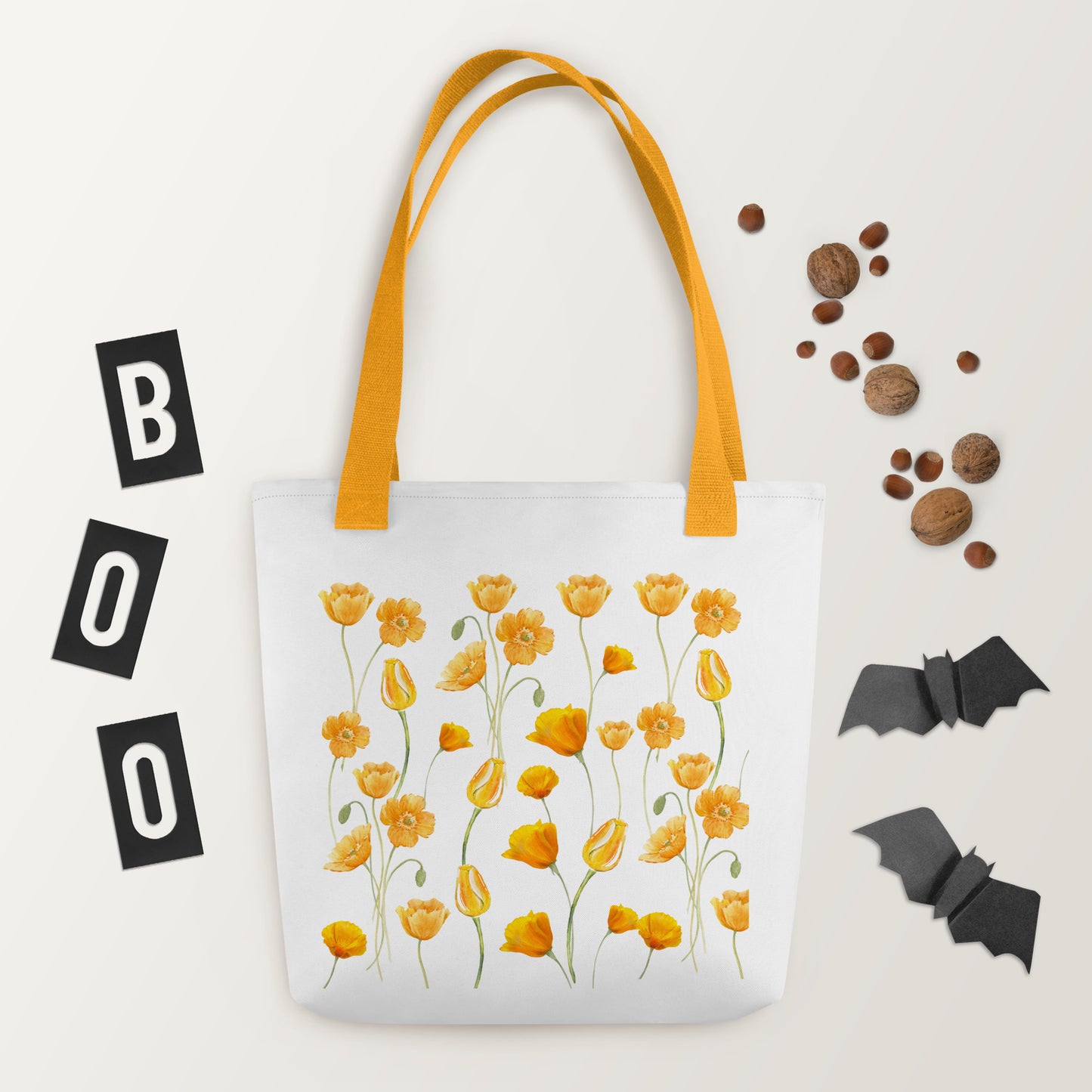 15″ × 15″ Orange Flowers Tote bag, Floral Shoulder Bag