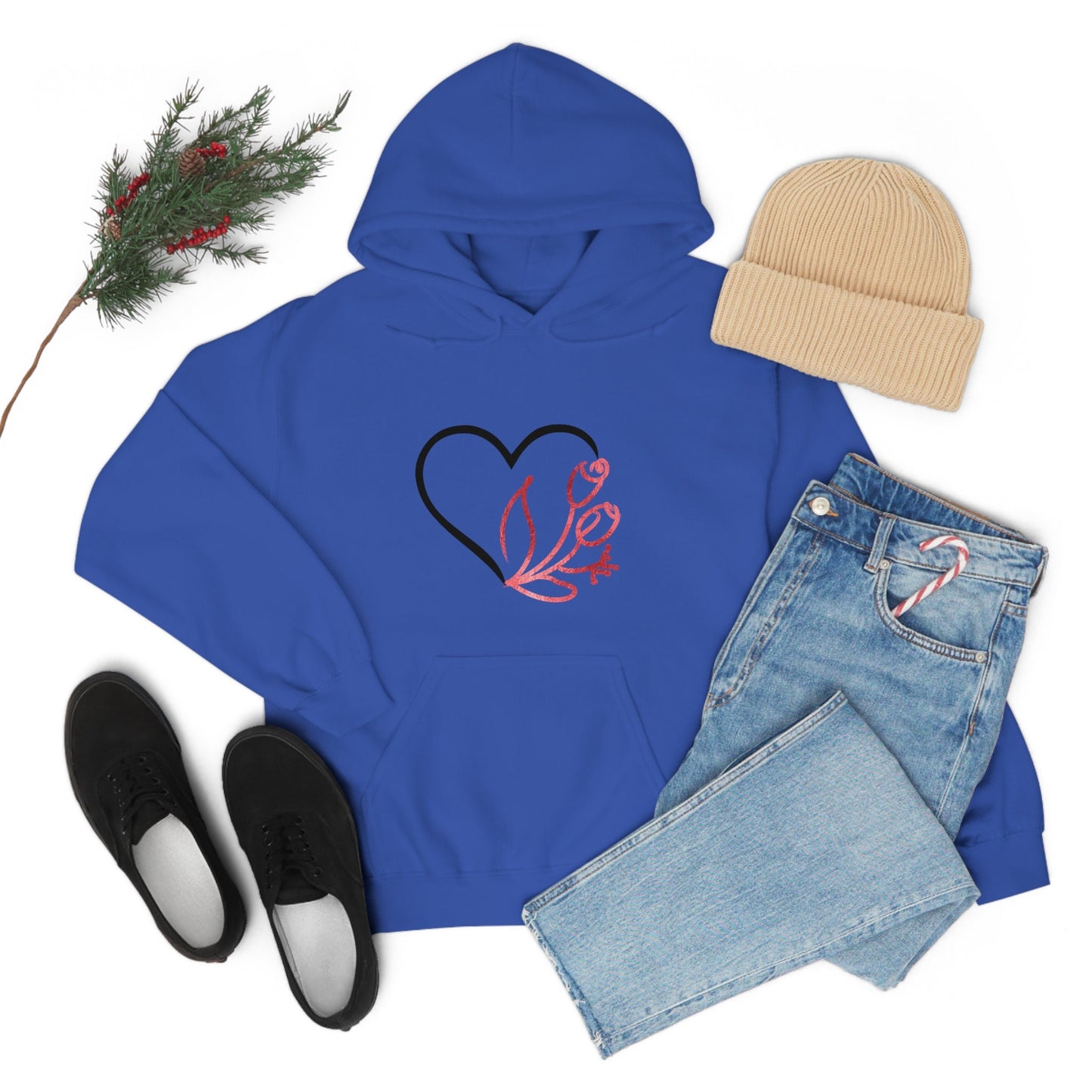 Heart and Flower Valentine's Sweater, Valentine's Hoodie, Heart Unisex Heavy Blend Hooded Sweatshirt