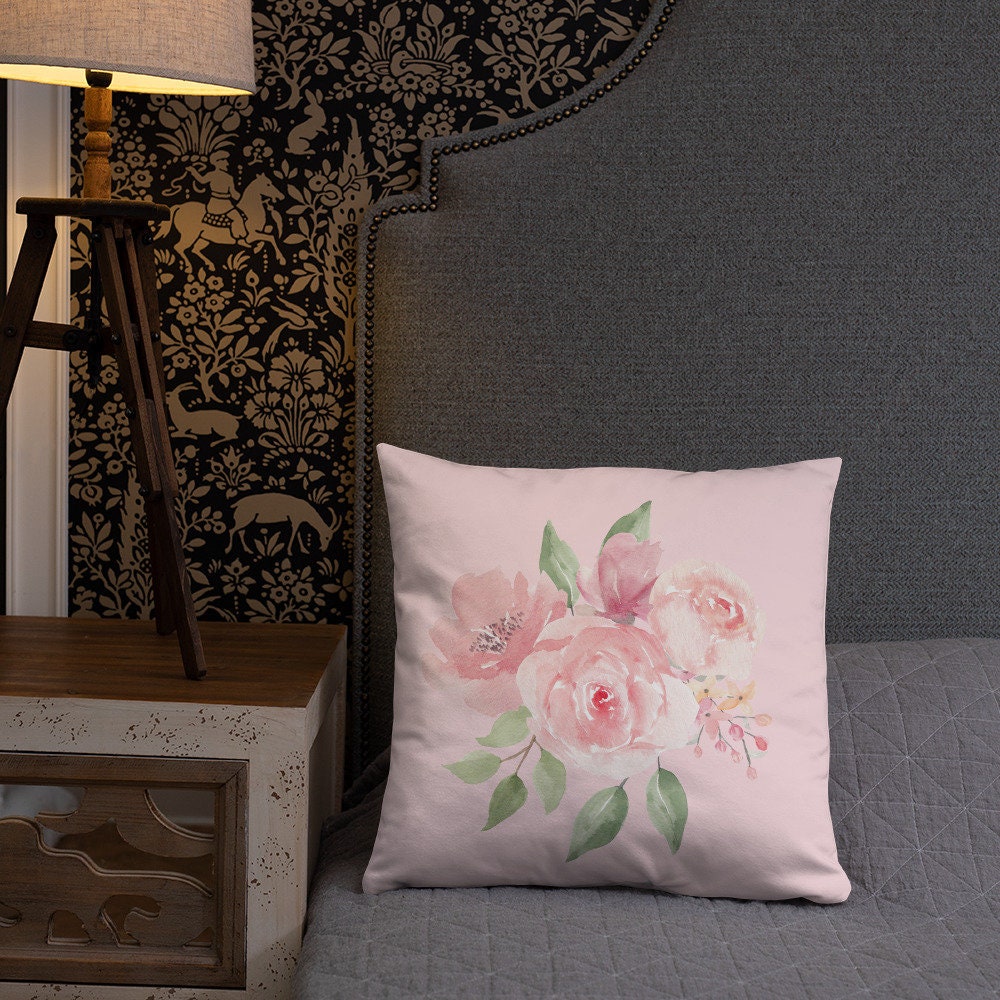 Basic Pink Floral Pillow, Designer Roses Pillows, Decorative Pillow, Modern Floral Pillow, Linen Pillow Cover, Linen Floral Pillow,