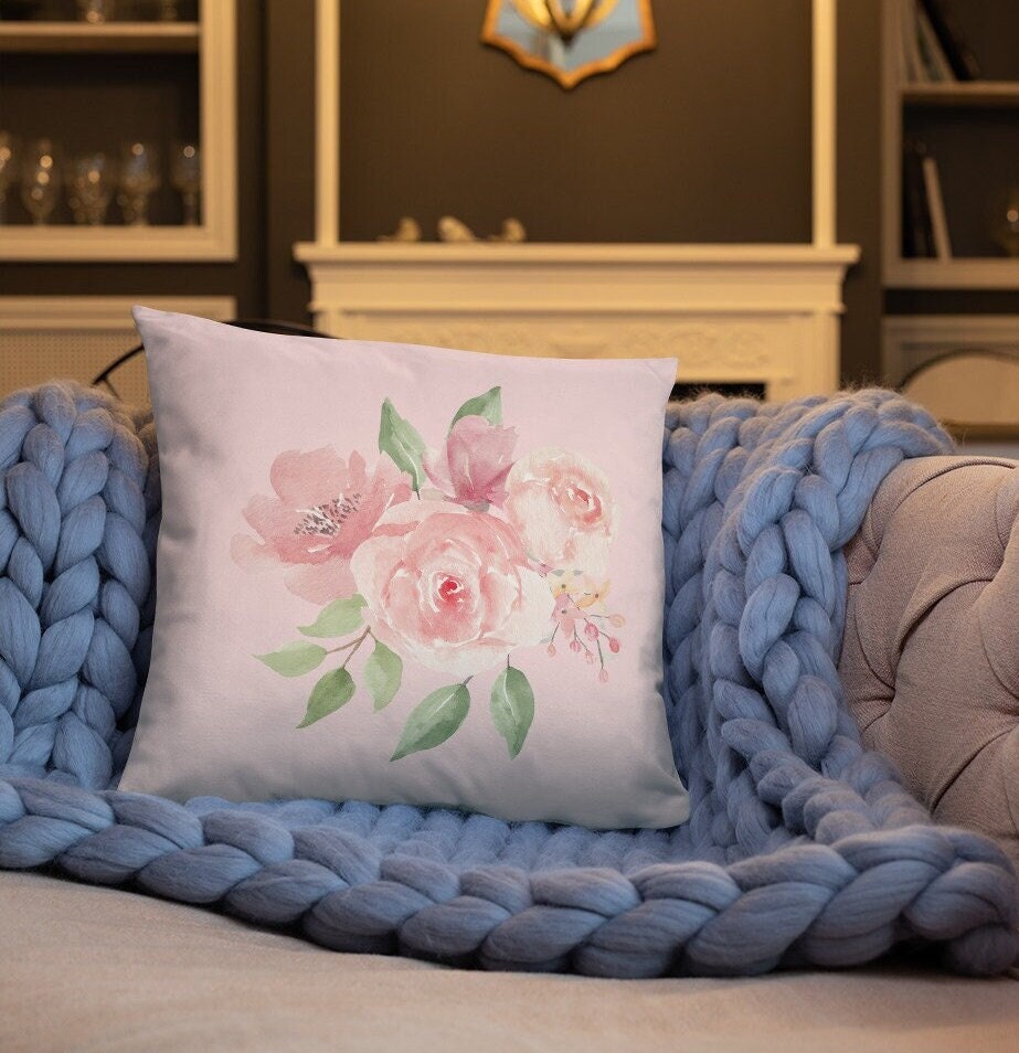 Basic Pink Floral Pillow, Designer Roses Pillows, Decorative Pillow, Modern Floral Pillow, Linen Pillow Cover, Linen Floral Pillow,