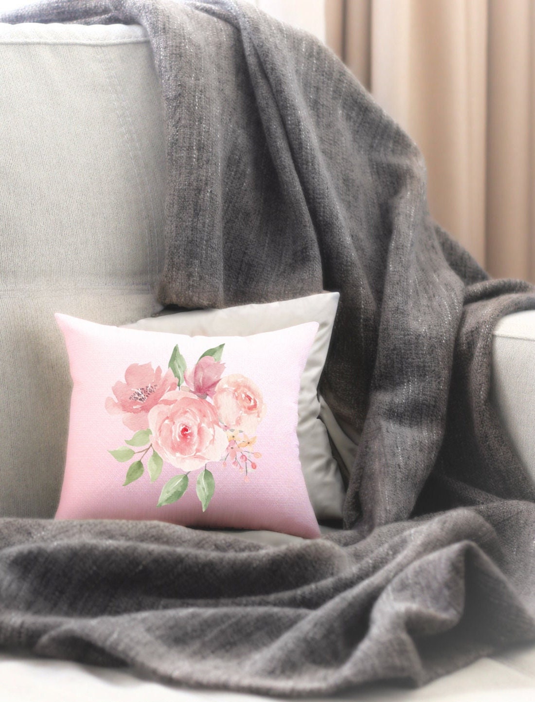 Basic Pink Floral Pillow, Designer Roses Pillows, Decorative Pillow, Modern Floral Pillow, Linen Pillow Cover, Linen Floral Pillow,