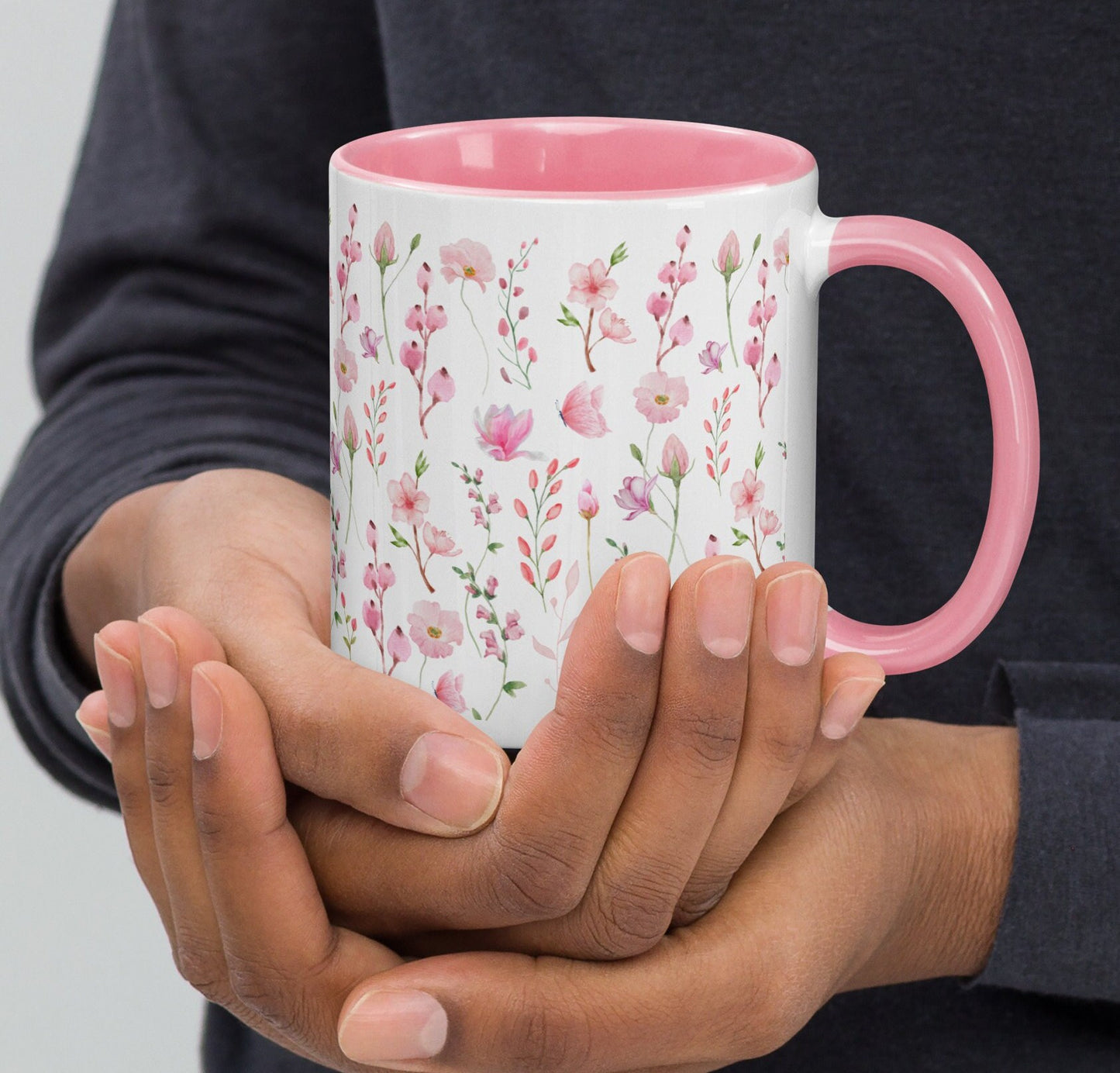 15 Oz Pink Floral Coffee Mug, Floral Coffee Cup, Gift For Her, Gift For Mom, Mug with Color Inside
