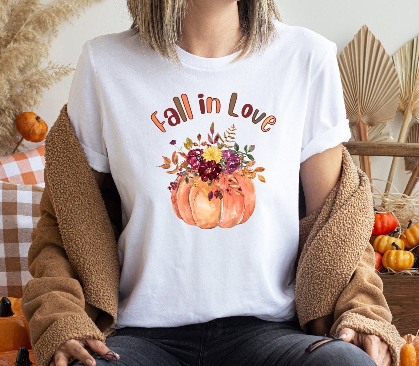 Fall in Love Graphic Pumpkin Tee, Thanksgiving shirt, Halloween Top, Fall Vibes Shirt
