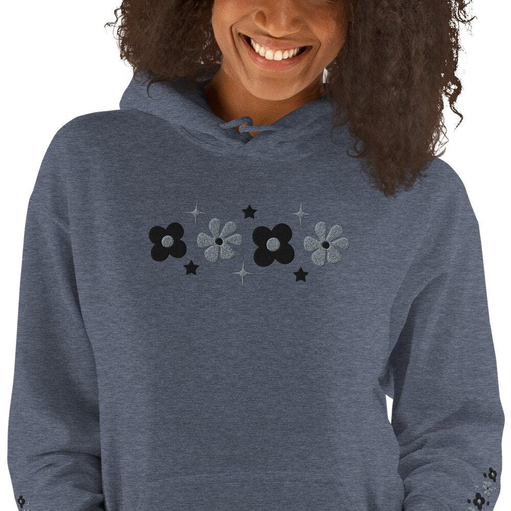 Cute Embroidered Floral Grey Hoodie, Floral embroidered Sweater,