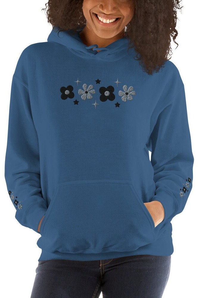 Cute Embroidered Floral Grey Hoodie, Floral embroidered Sweater,