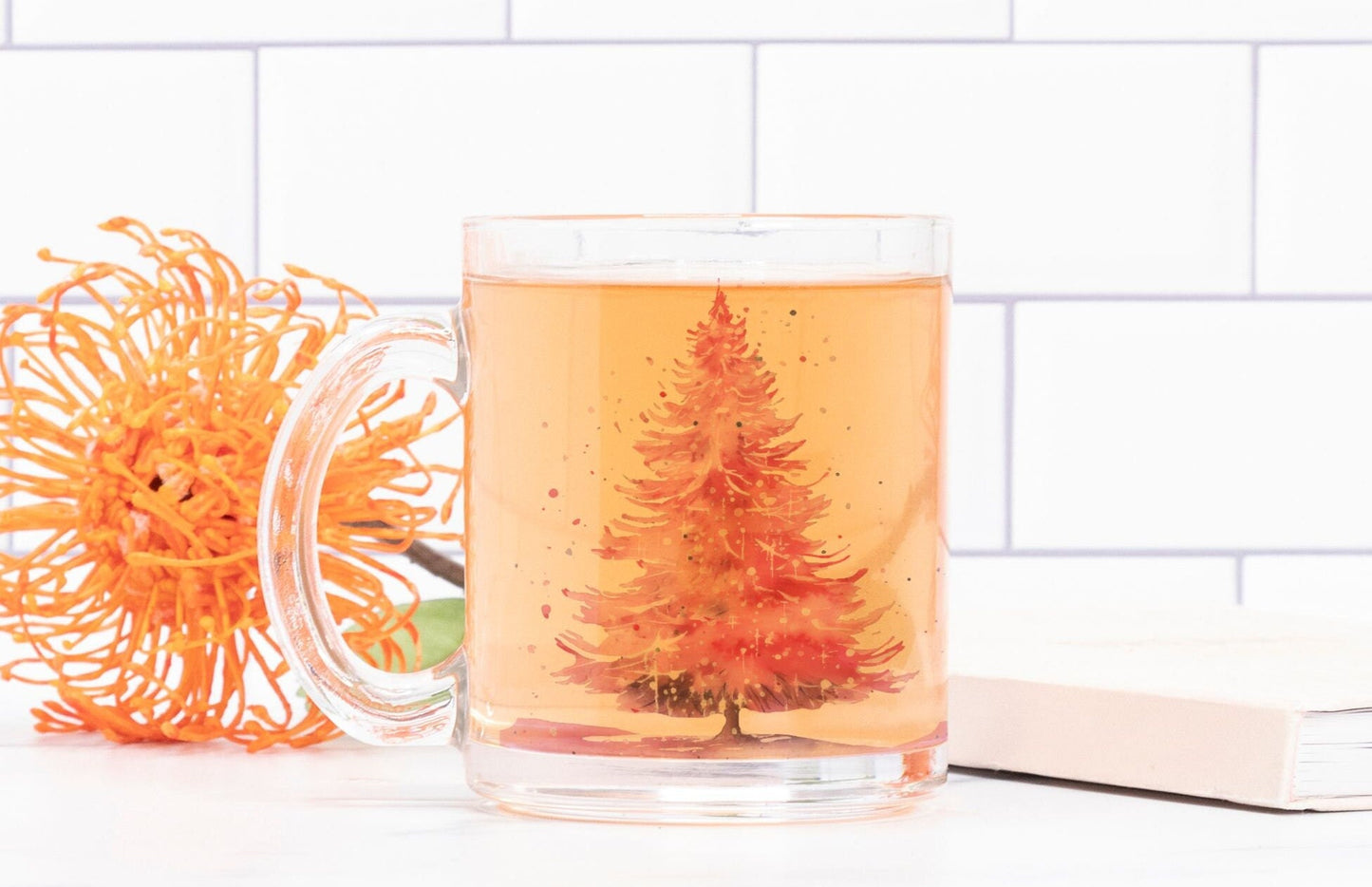 10 Oz Christmas Tree Clear Glass Mug, Holiday Glass Coffee Cup. Pink Xmas Tree Mug