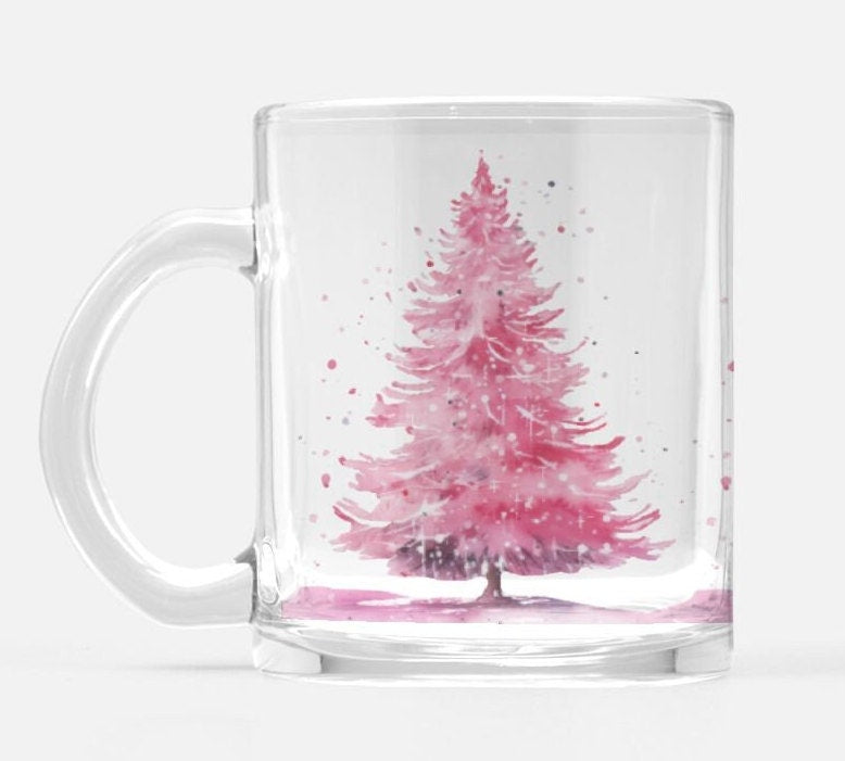 10 Oz Christmas Tree Clear Glass Mug, Holiday Glass Coffee Cup. Pink Xmas Tree Mug