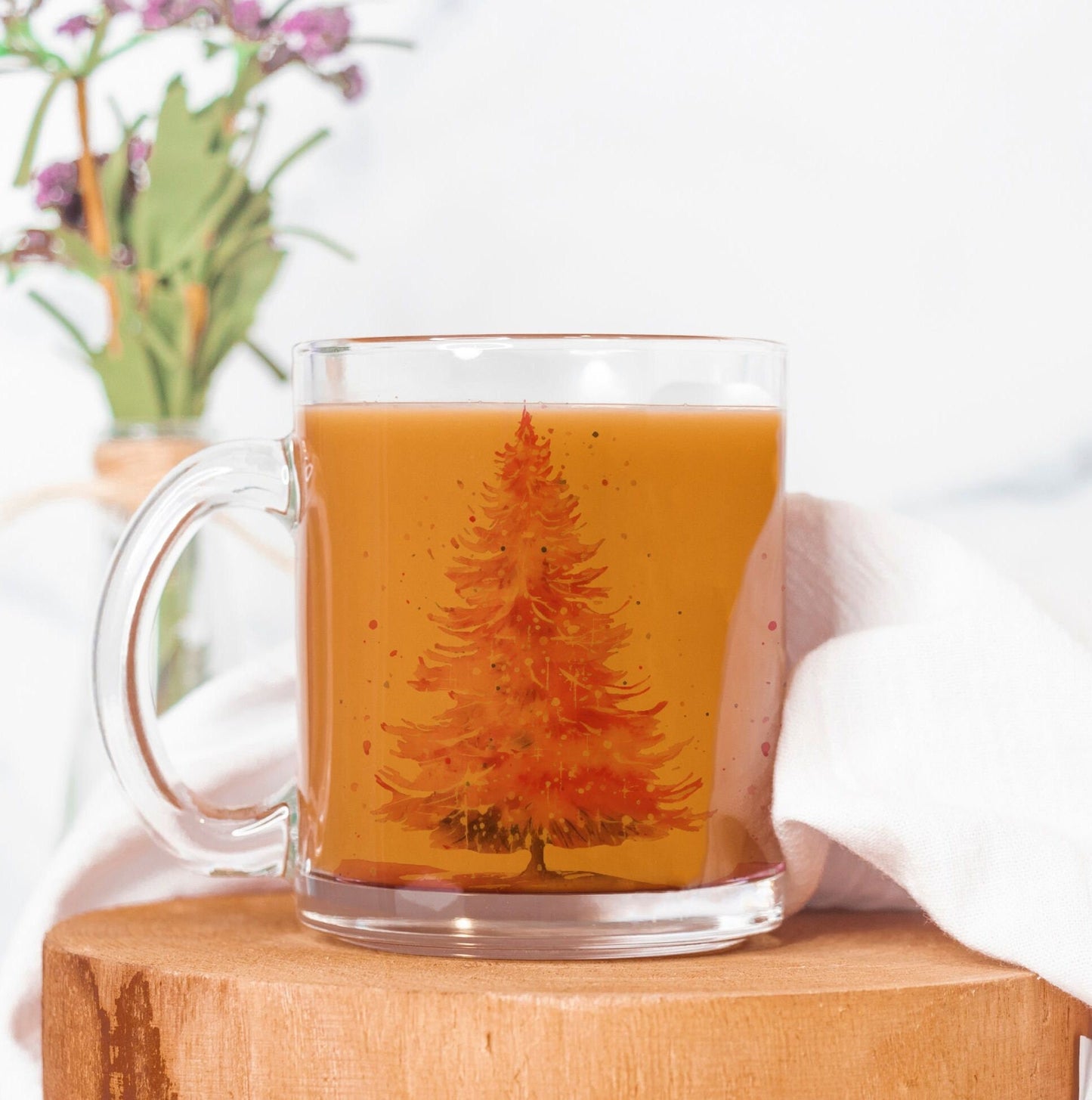 10 Oz Christmas Tree Clear Glass Mug, Holiday Glass Coffee Cup. Pink Xmas Tree Mug
