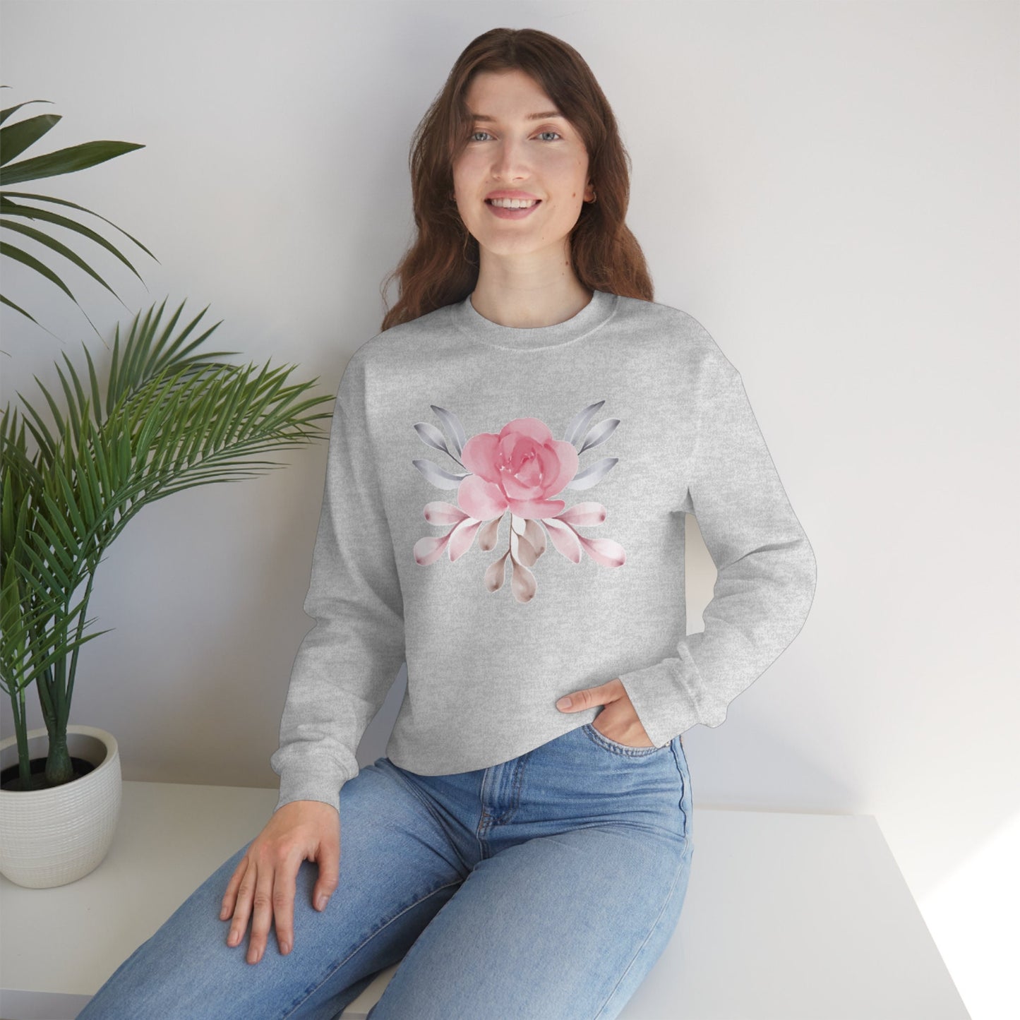Pink Flower Sweatshirt, Floral Sweater for Women, Nature Lovers Unisex Heavy Blend Crewneck Sweatshirt