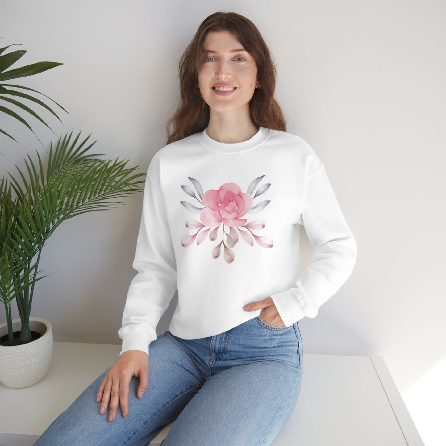 Pink Flower Sweatshirt, Floral Sweater for Women, Nature Lovers Unisex Heavy Blend Crewneck Sweatshirt