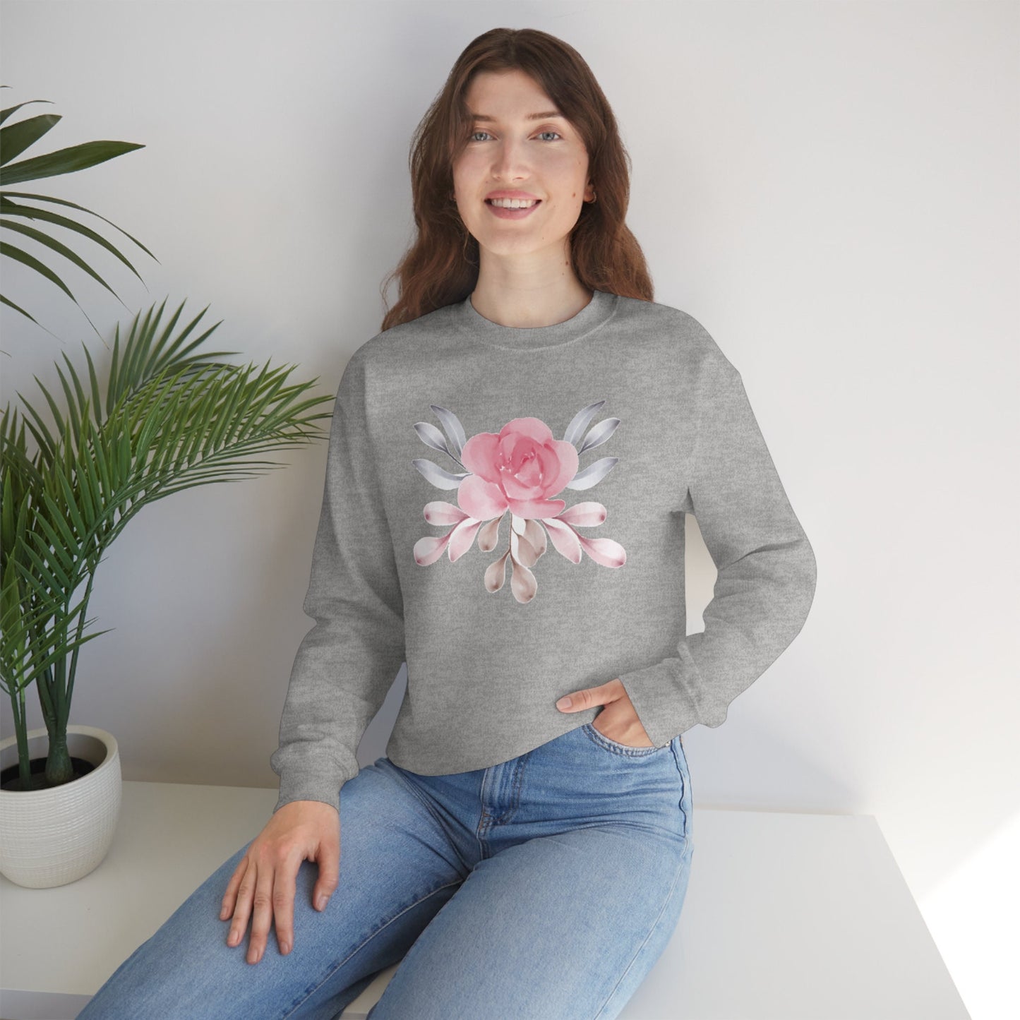 Pink Flower Sweatshirt, Floral Sweater for Women, Nature Lovers Unisex Heavy Blend Crewneck Sweatshirt