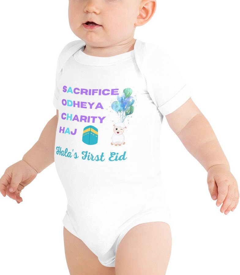 Personalized Eid AlAdha bay one piece, Name Eid Mubarak Shirt, Happy Eid Al Adha Shirt, Hajj Eid TShirt, Eid Baby short sleeve one piece