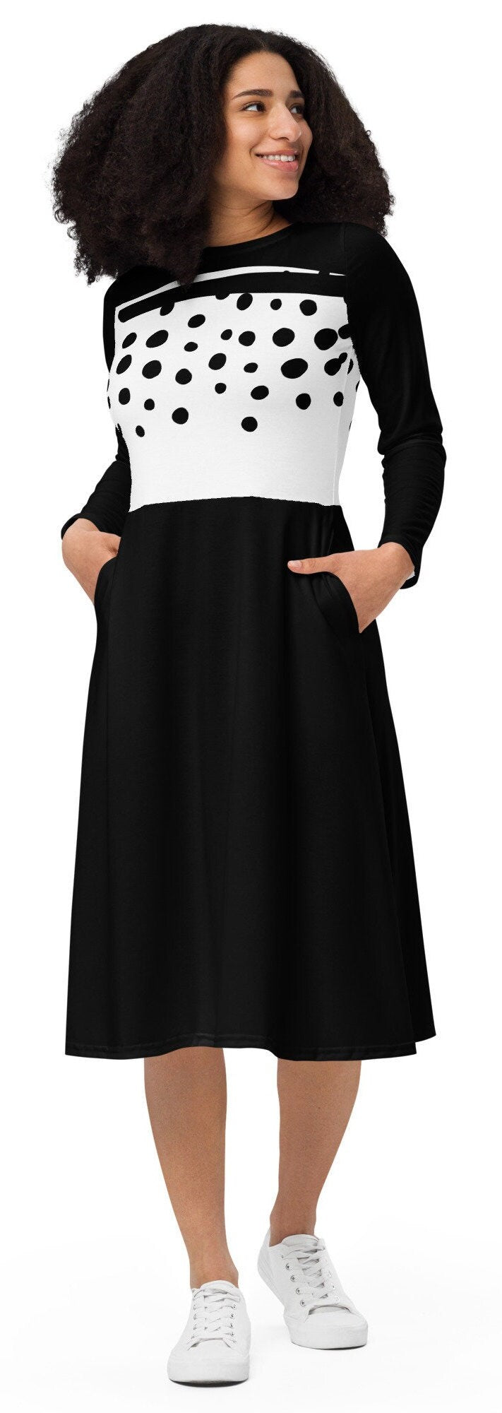 Plus Black and white Dress, Midi Polka Dot Dress, White Dot Dress, Black And White, Long Sleeve Dress, All-over print long sleeve midi dress