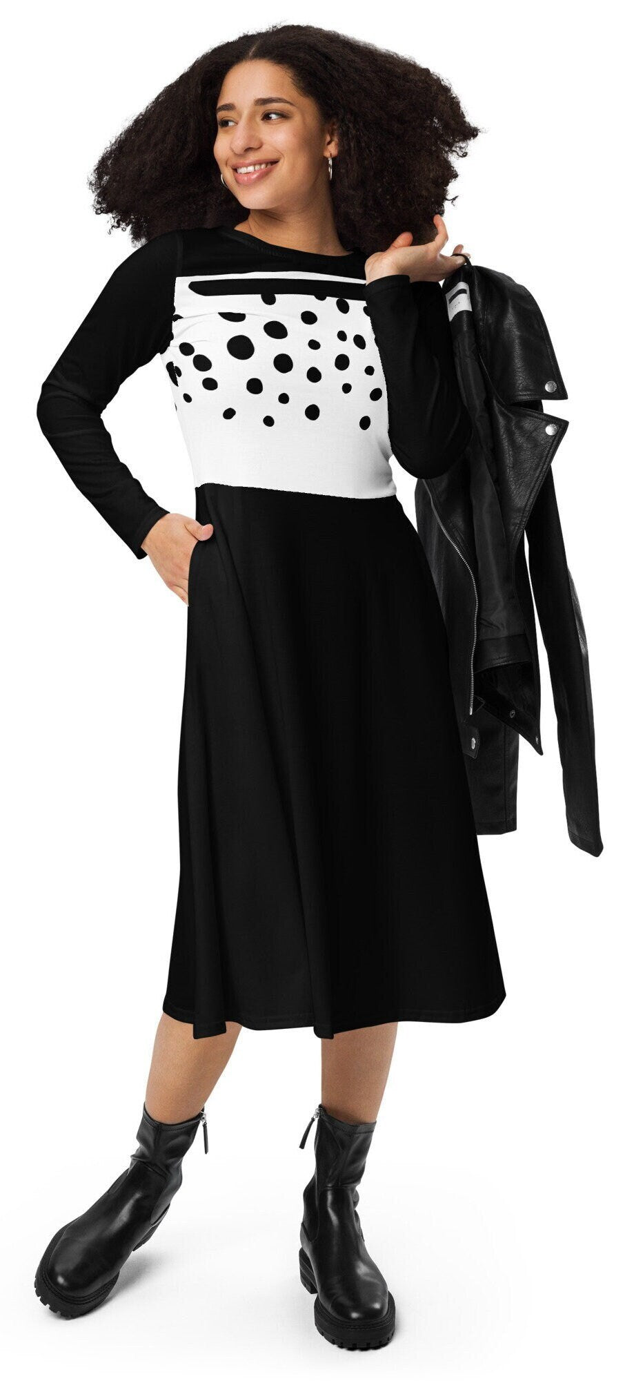 Plus Black and white Dress, Midi Polka Dot Dress, White Dot Dress, Black And White, Long Sleeve Dress, All-over print long sleeve midi dress
