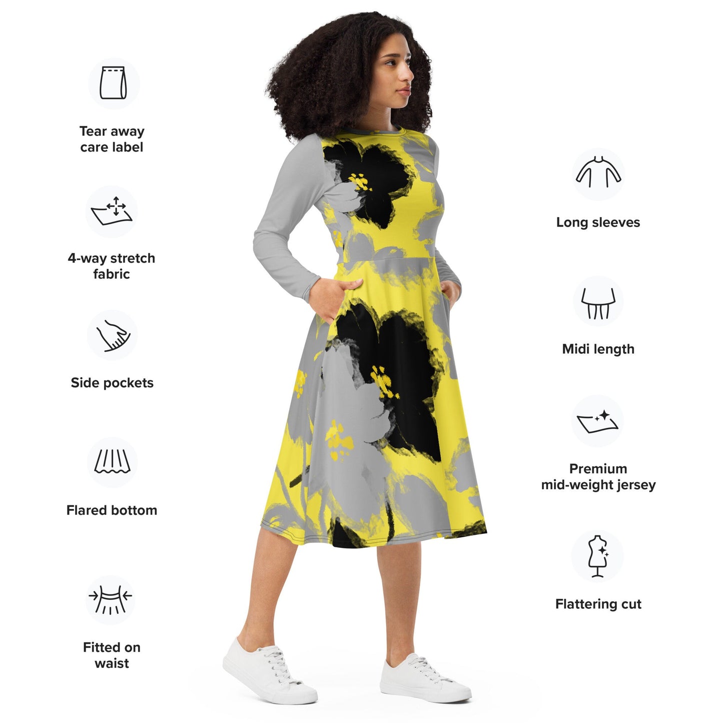 Plus Size Long Sleeve Dress, Floral Midi Dress, Formal Party Dress, Midi Dress, Floral All-over print long sleeve midi dress