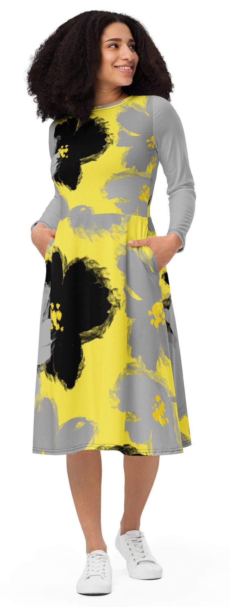 Plus Size Long Sleeve Floral Dress, Oversized Floral Midi Dress, Grey, Yellow, and Black Midi Dress, Floral long sleeve midi dress