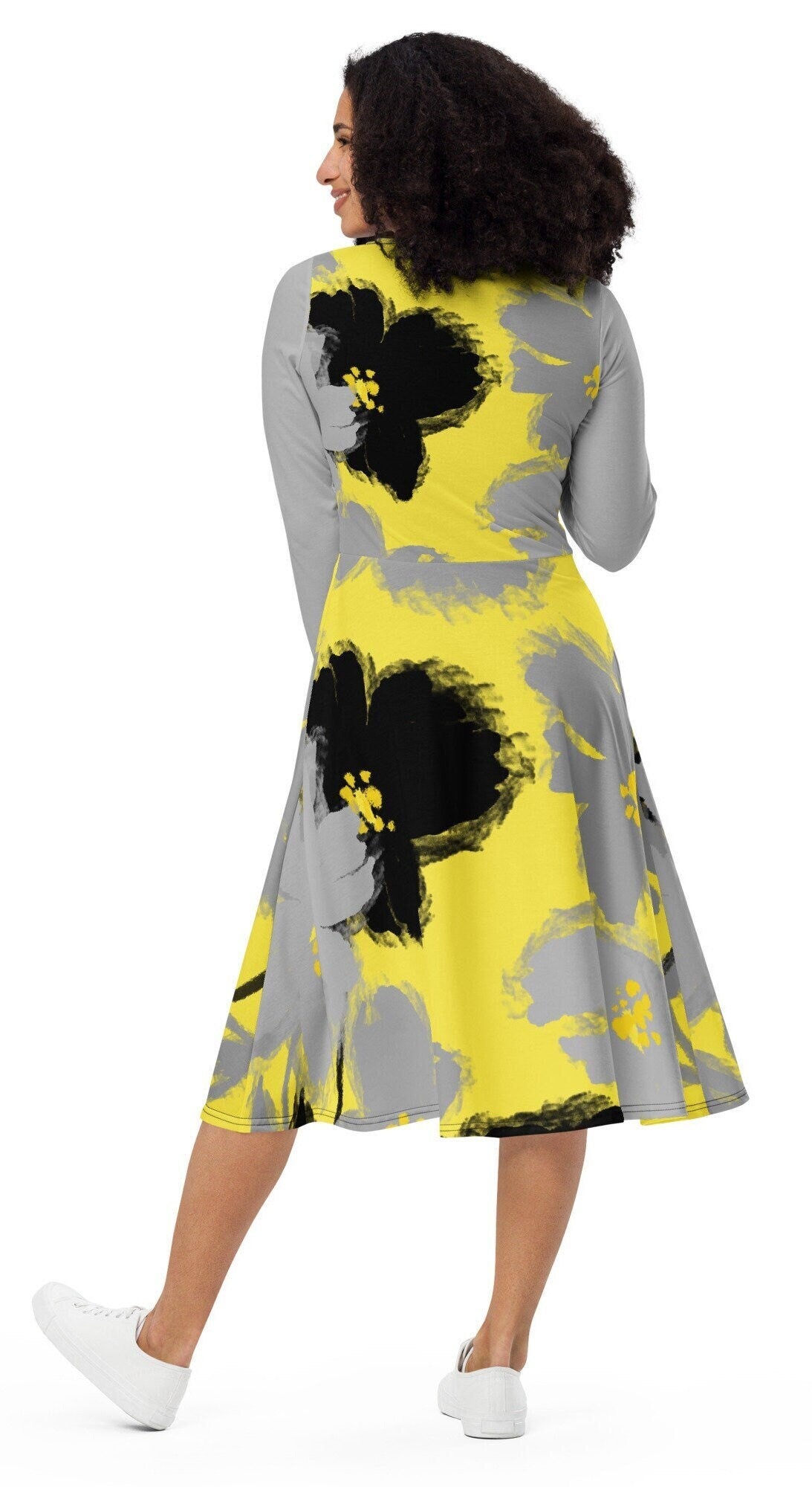 Plus Size Long Sleeve Floral Dress, Oversized Floral Midi Dress, Grey, Yellow, and Black Midi Dress, Floral long sleeve midi dress