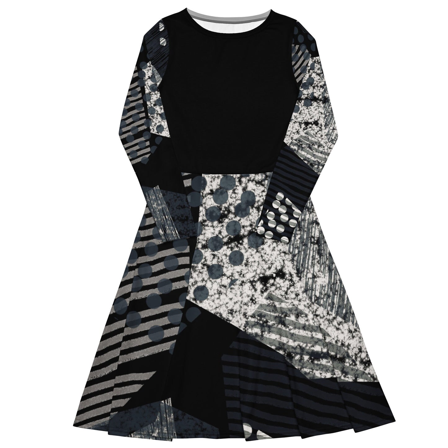 Plus Size Abstract Long Sleeve Dress, Balck and white oversized dress, Dresses For Women, Midi All-over print long sleeve midi dress