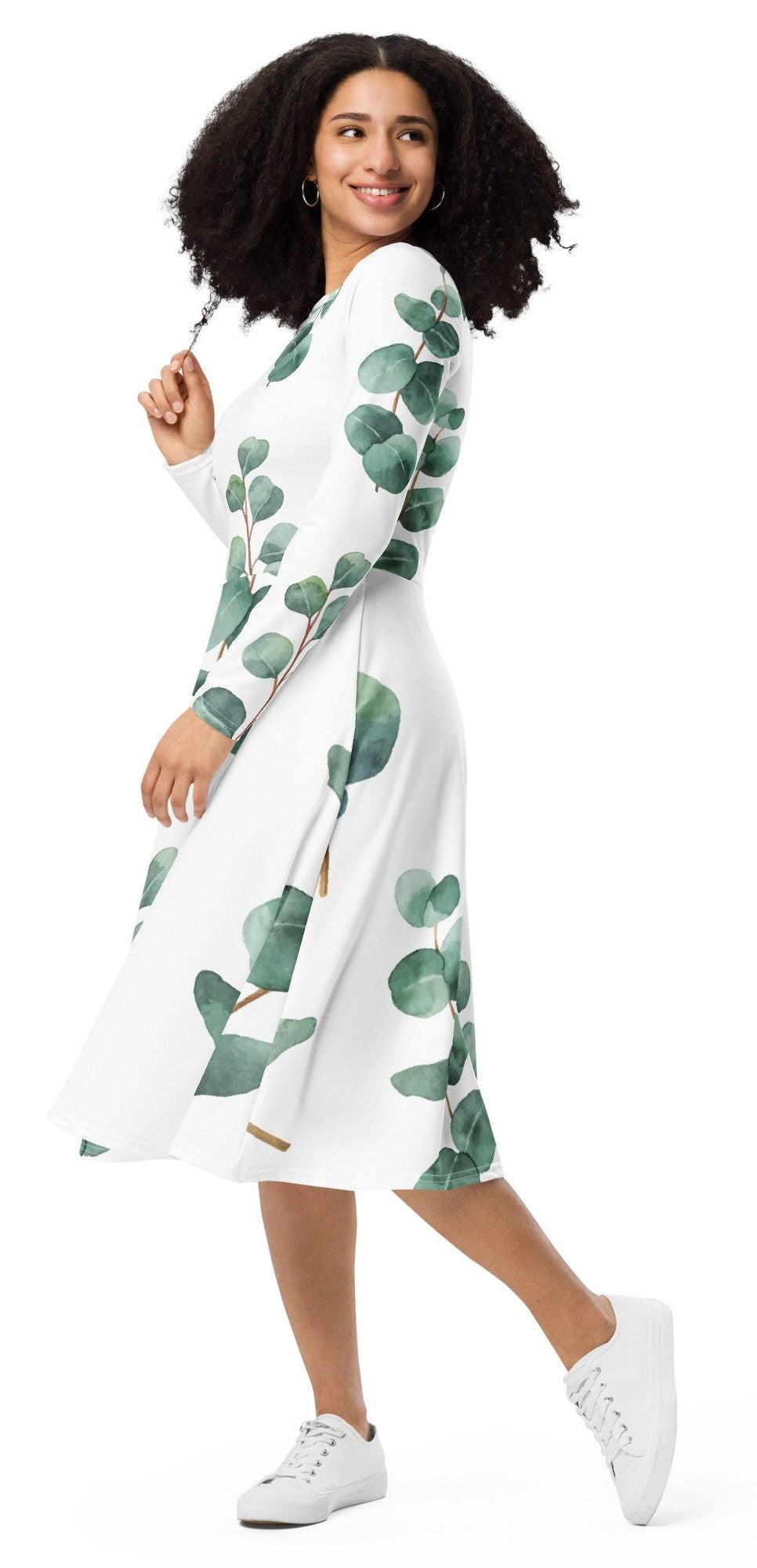 Oversize Long Sleeve Nature lovers Women Dress, Aesthetic Green Leaves White Plus Size Dress, All-over print long sleeve midi dress