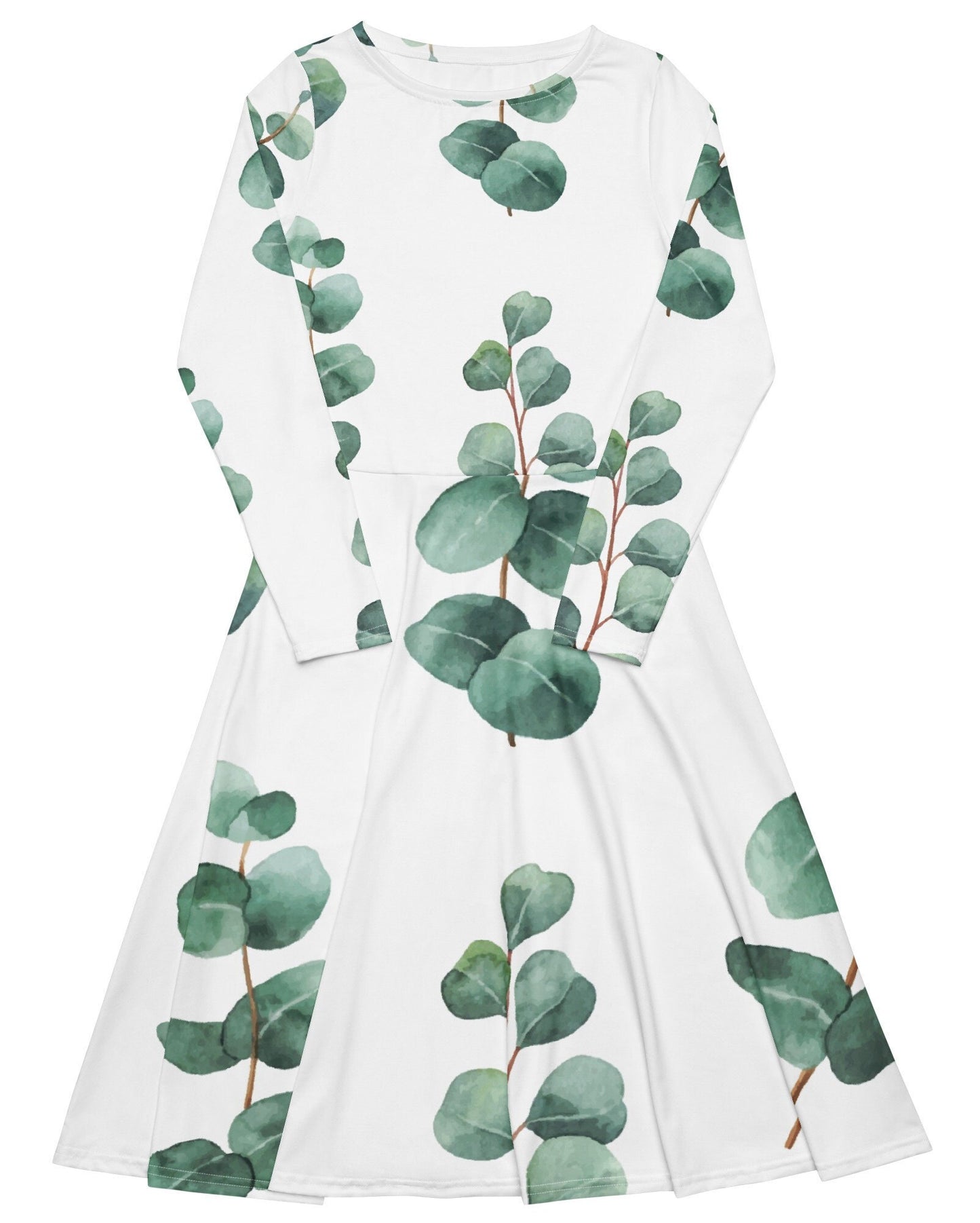 Oversize Long Sleeve Nature lovers Women Dress, Aesthetic Green Leaves White Plus Size Dress, All-over print long sleeve midi dress