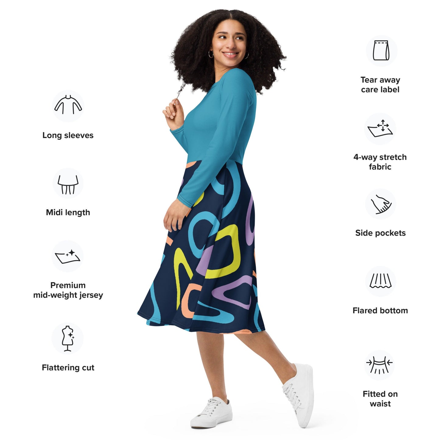 Black Plus Size Oversized Long Sleeve Dress, Plus Women Dress, Plus Size Midi Dress, Women's Clothing, All-over print long sleeve midi dress