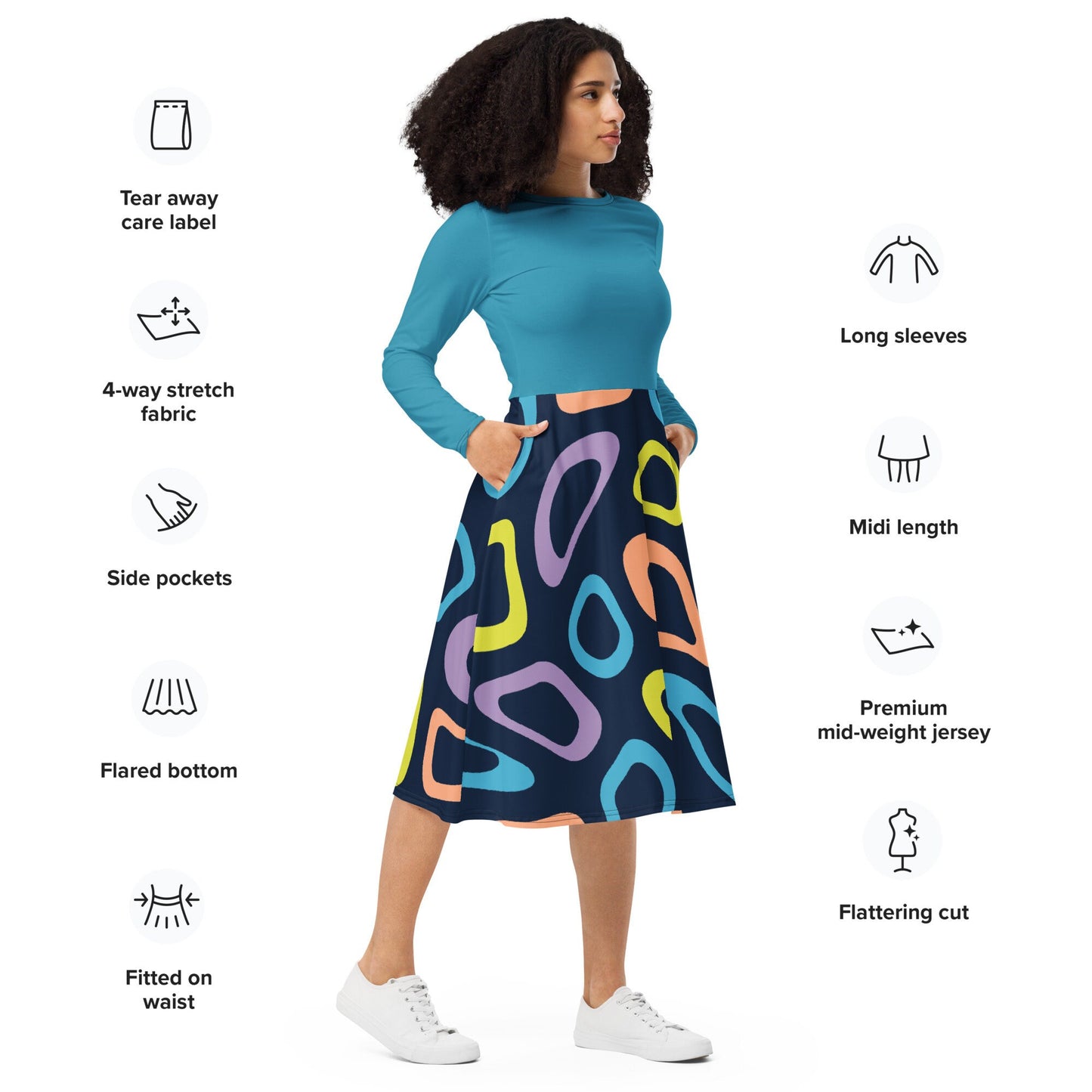 Black Plus Size Oversized Long Sleeve Dress, Plus Women Dress, Plus Size Midi Dress, Women's Clothing, All-over print long sleeve midi dress