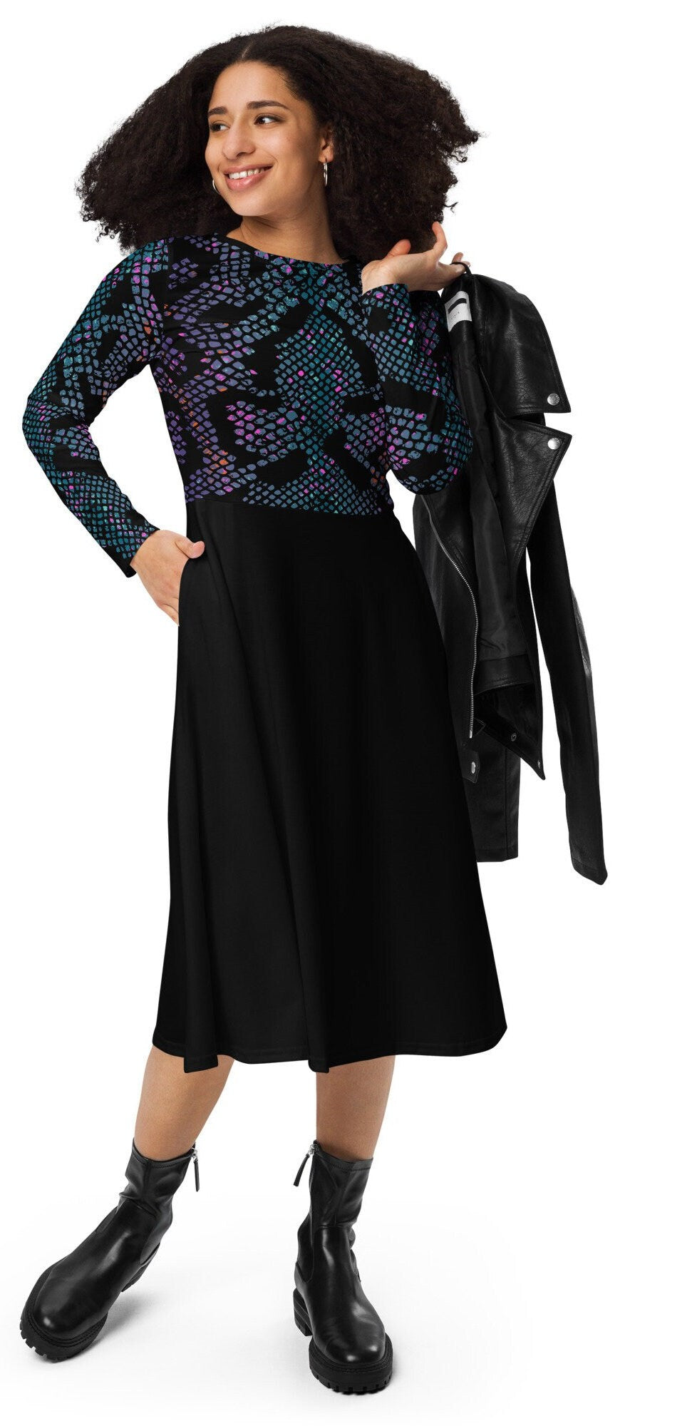 Plus Size Black Women Dress, Plus Size Midi Dress, Woman's Clothing, Oversized All-over print long sleeve midi dress