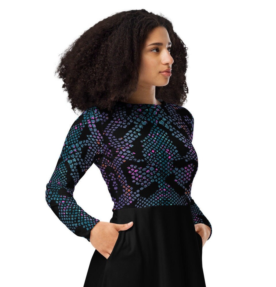 Plus Size Black Women Dress, Plus Size Midi Dress, Woman's Clothing, Oversized All-over print long sleeve midi dress