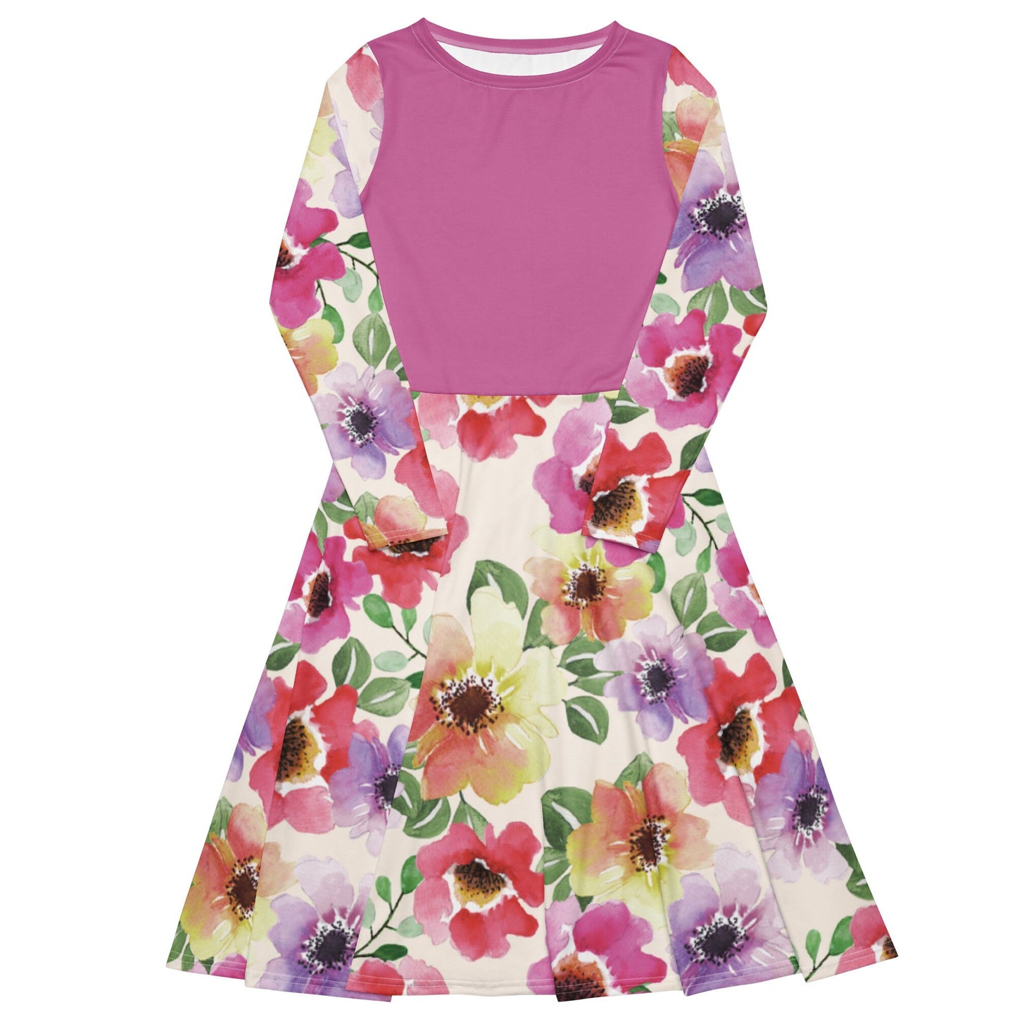 All-over print Floral Plus Size long sleeve midi dress, Modest Midi Floral Dress, Oversized Ployester Colorful Dress