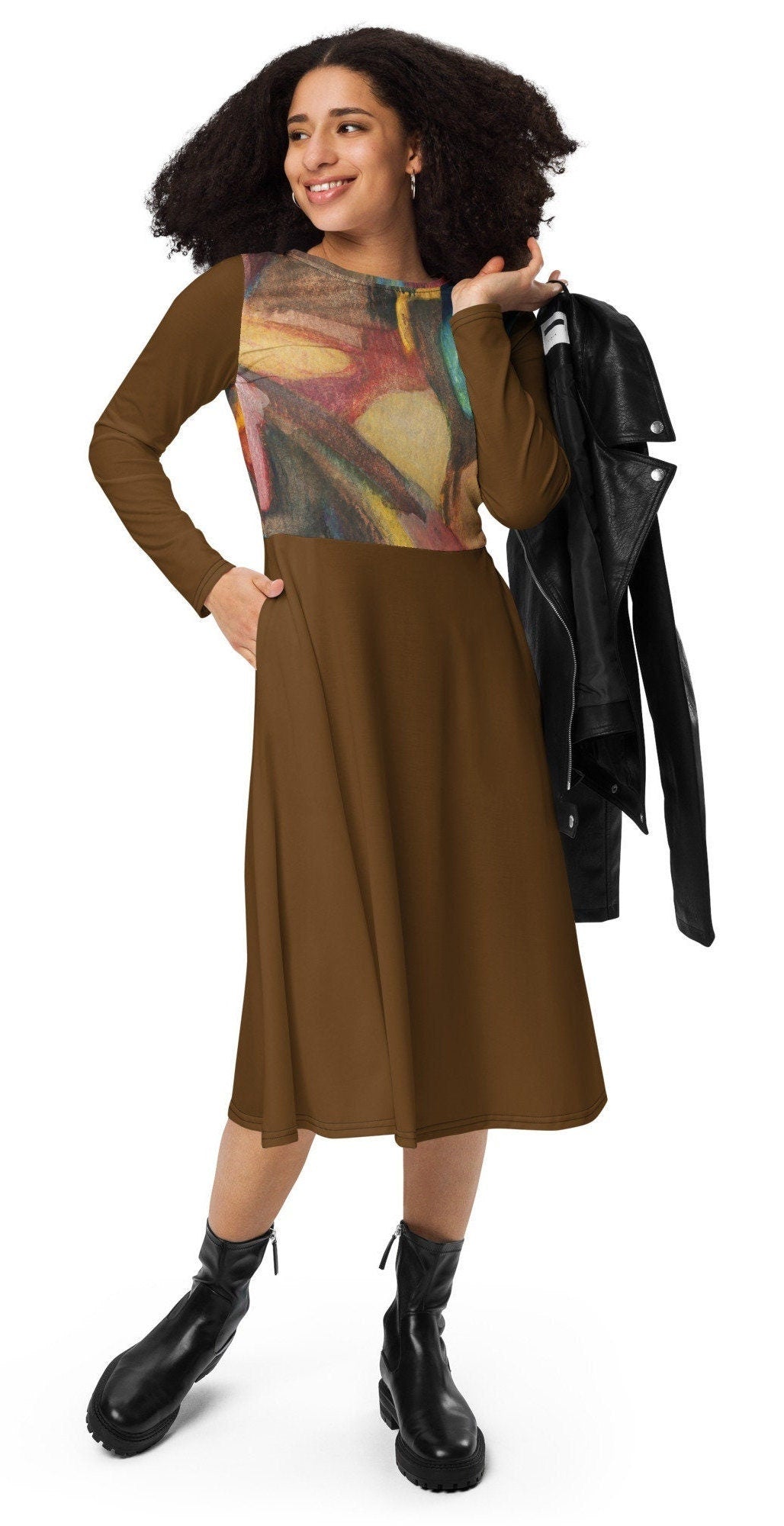 All-over print long sleeve Plus Size midi dress, Loose Fit Oversized Shirt Dress, Colorful Abstract woman Dress