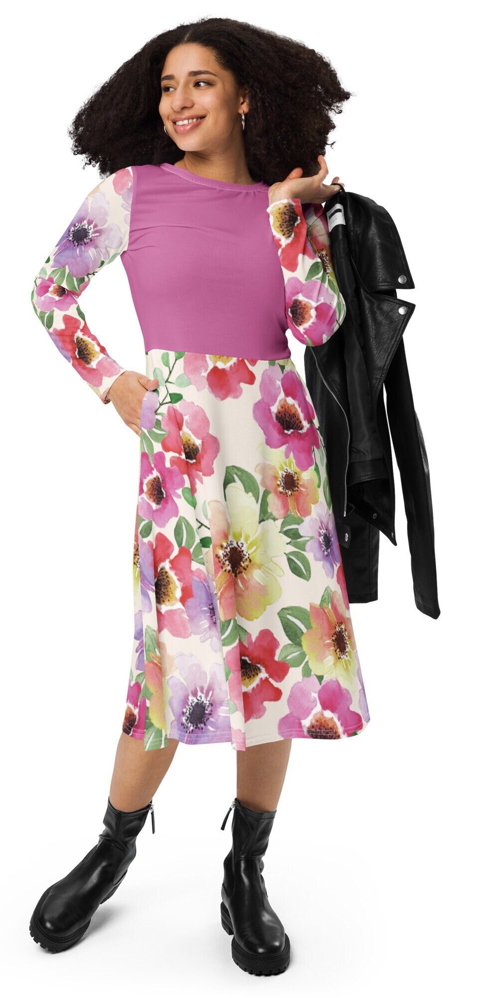 All-over print Pink Floral Plus Size long sleeve midi dress, Modest Midi Floral Dress, Oversized Ployester Colorful Dress