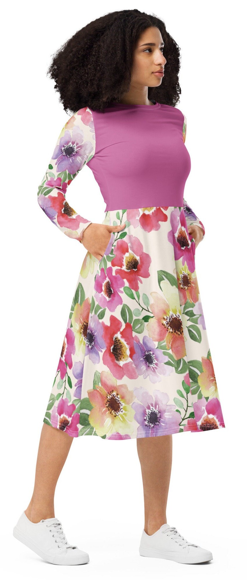 All-over print Pink Floral Plus Size long sleeve midi dress, Modest Midi Floral Dress, Oversized Ployester Colorful Dress