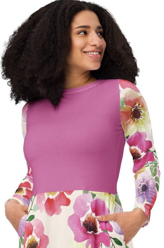 All-over print Pink Floral Plus Size long sleeve midi dress, Modest Midi Floral Dress, Oversized Ployester Colorful Dress