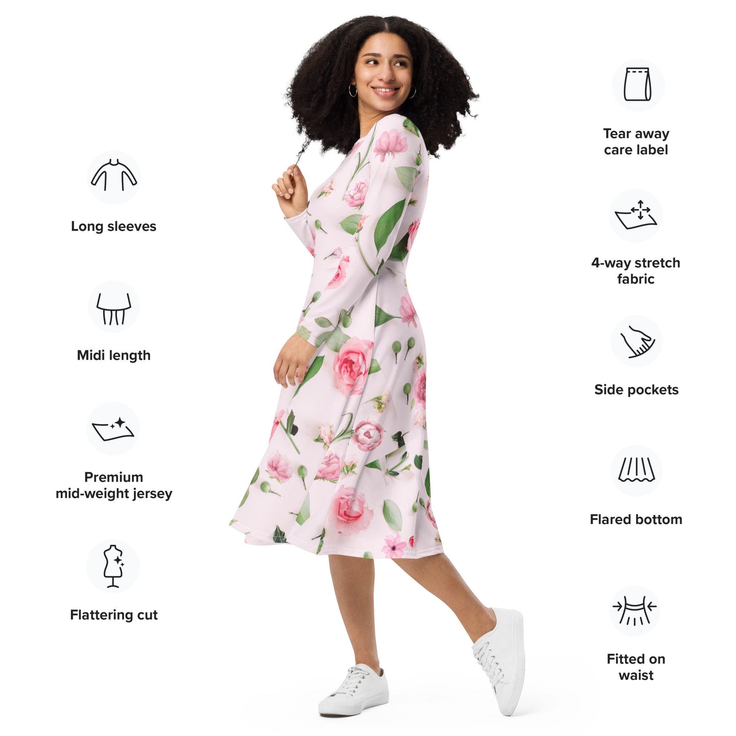 Pink Roses floral Plus Size Long Sleeves All-over print midi dress, Oversized Floral Dress, Modest nature Lovers Pink Dress