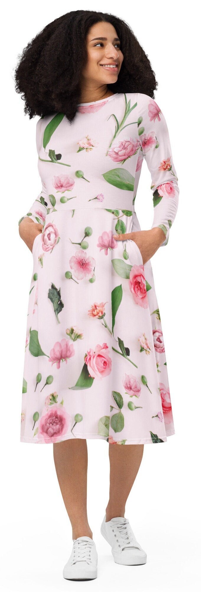 Pink Roses Floral Plus Size Long Sleeve All-over print midi dress, Oversized Floral Dress, Modest nature Lovers Pink Dress