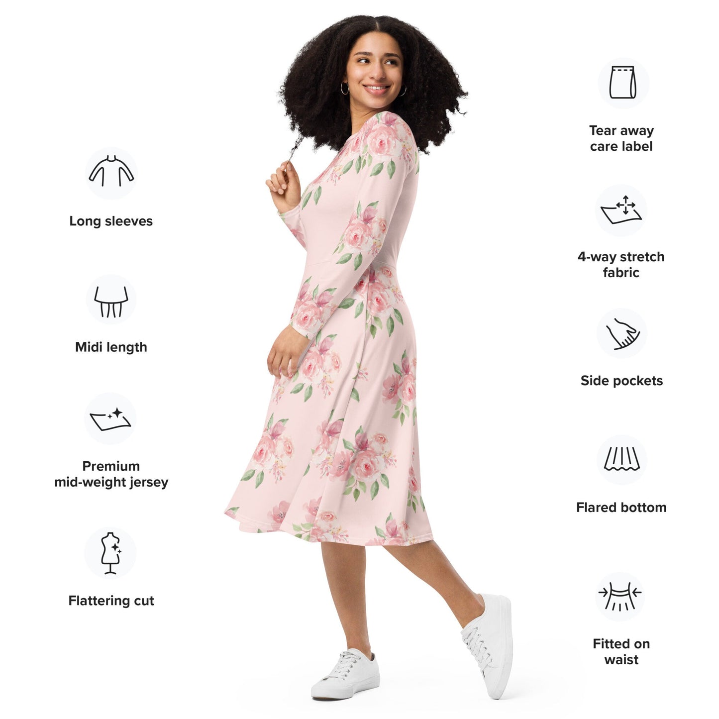 Plus Size Pink Floral print long sleeve midi dress, Modest Pink Floral Shirtdress. Polyester Fit and Flare Oversized Dress