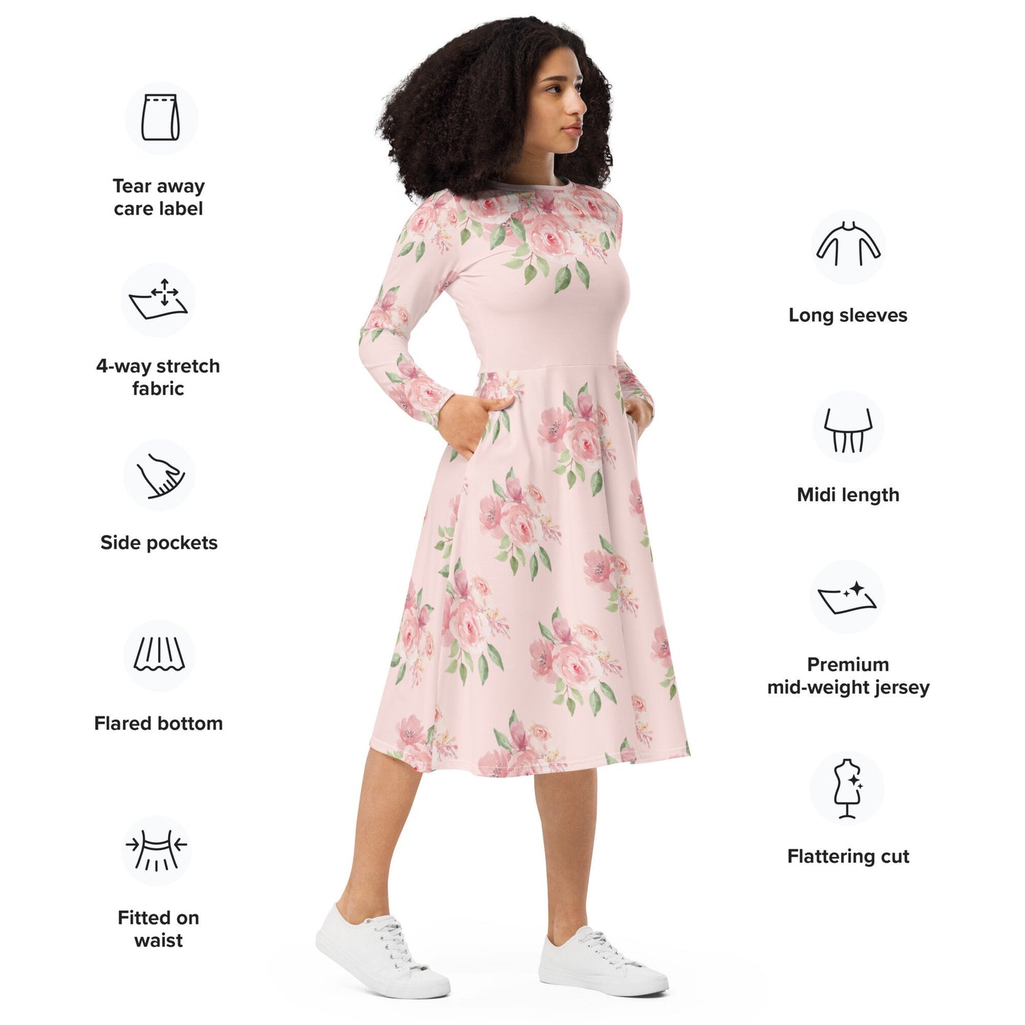 Plus Size Pink Floral print long sleeve midi dress, Modest Pink Floral Shirtdress. Polyester Fit and Flare Oversized Dress