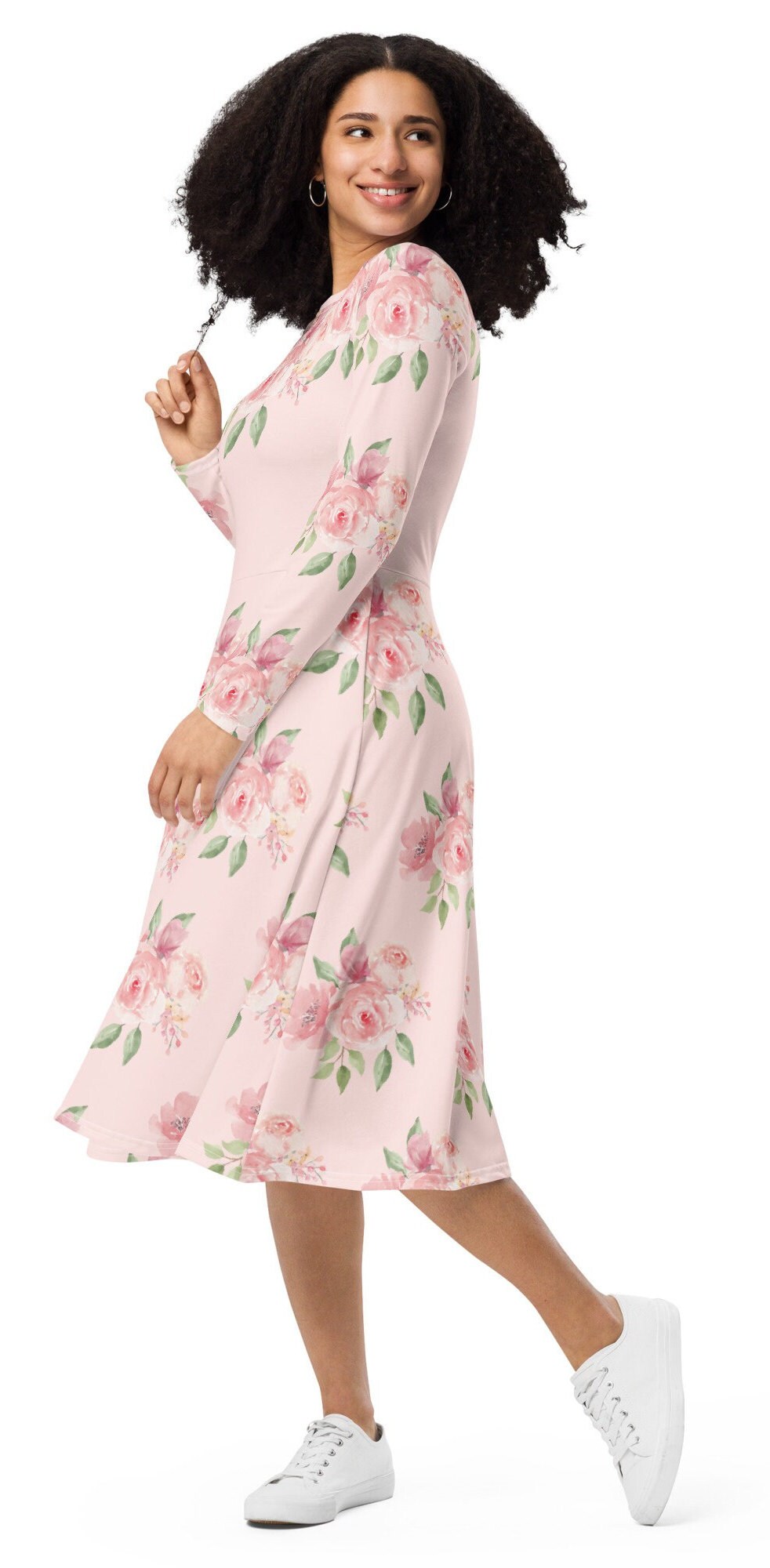 Plus Size Pink Floral print long sleeve midi dress, Modest Pink Floral Shirtdress. Polyester Fit and Flare Oversized Dress