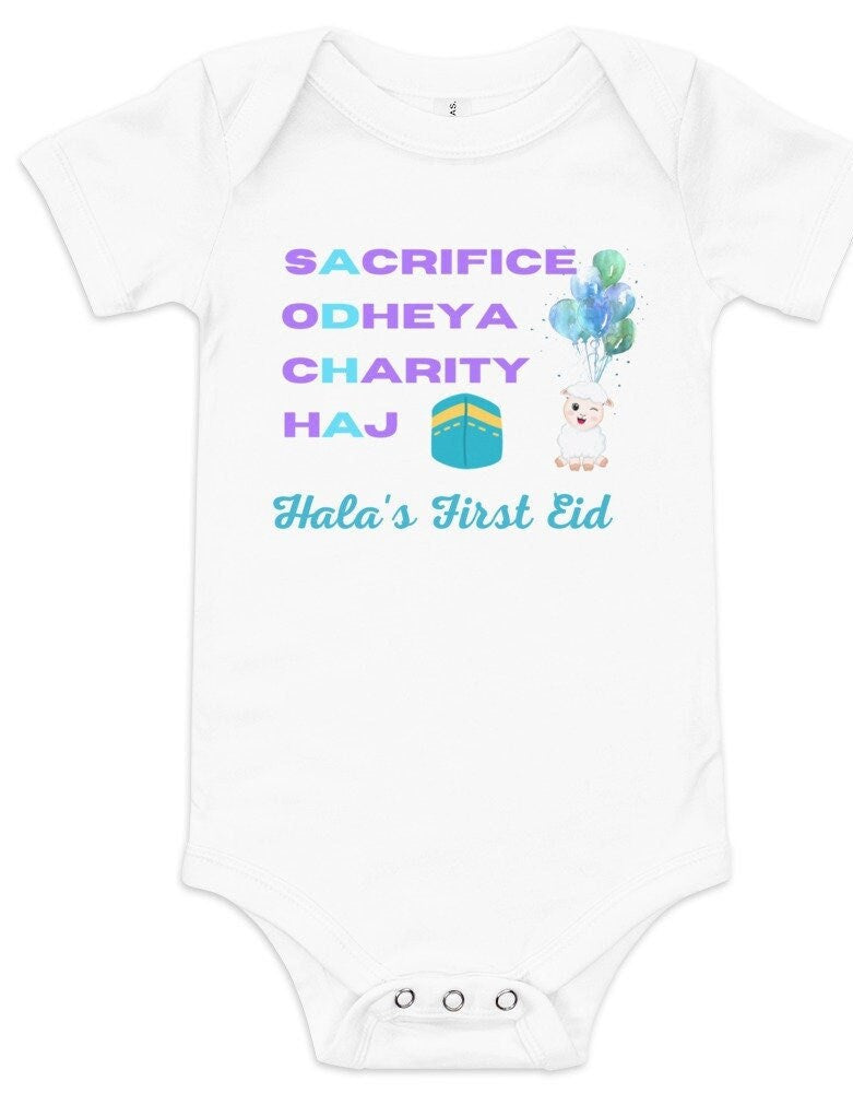 Personalized Eid AlAdha bay one piece, Name Eid Mubarak Shirt, Happy Eid Al Adha Shirt, Hajj Eid TShirt, Eid Baby short sleeve one piece