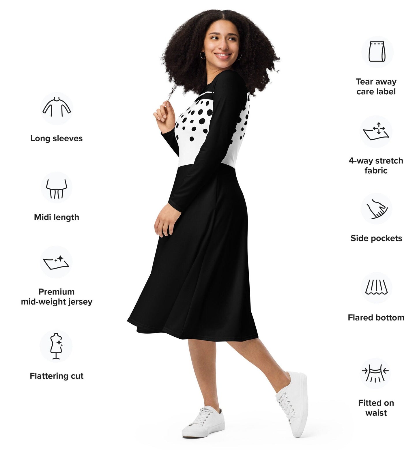 Plus Black and white Dress, Midi Polka Dot Dress, White Dot Dress, Black And White, Long Sleeve Dress, All-over print long sleeve midi dress