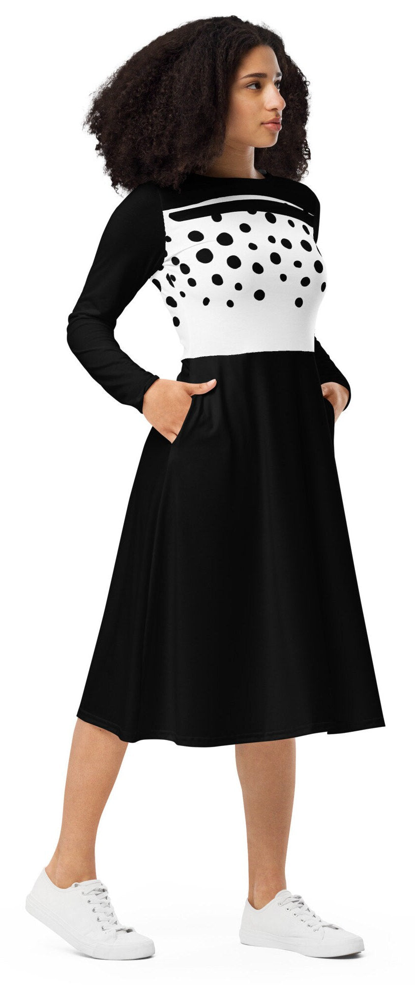 Plus Black and white Dress, Midi Polka Dot Dress, White Dot Dress, Black And White, Long Sleeve Dress, All-over print long sleeve midi dress