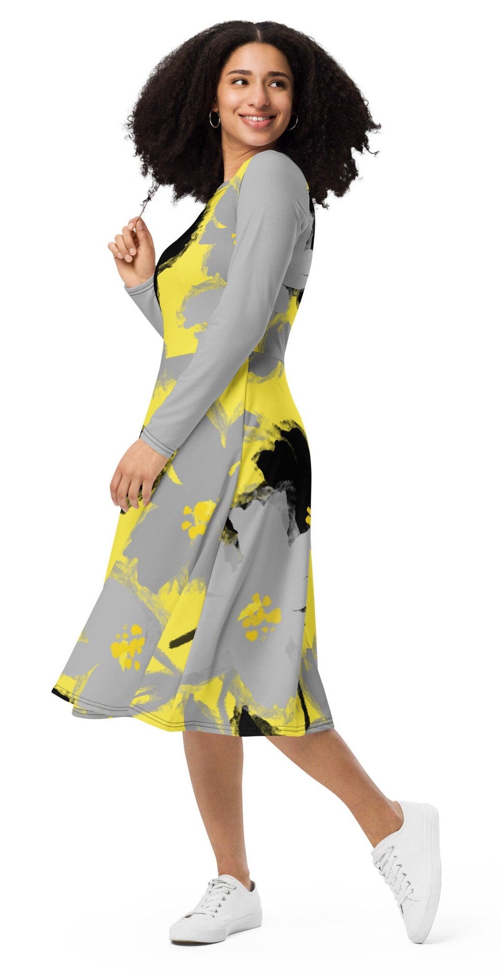 Plus Size Long Sleeve Floral Dress, Oversized Floral Midi Dress, Grey, Yellow, and Black Midi Dress, Floral long sleeve midi dress