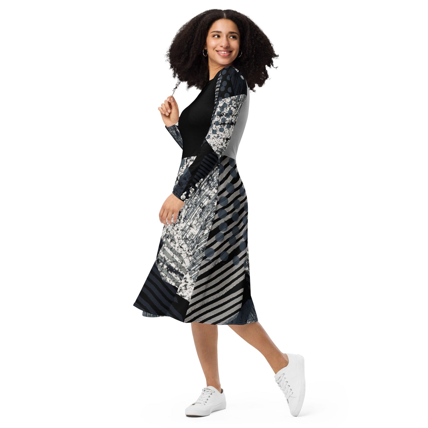 Plus Size Abstract Long Sleeve Dress, Balck and white oversized dress, Dresses For Women, Midi All-over print long sleeve midi dress