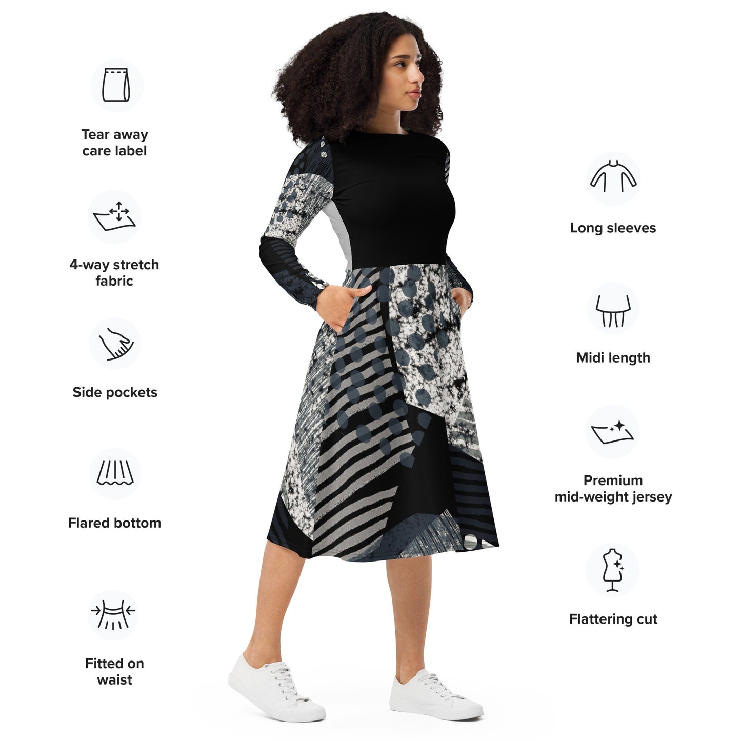Plus Size Abstract Long Sleeve Dress, Balck and white oversized dress, Dresses For Women, Midi All-over print long sleeve midi dress