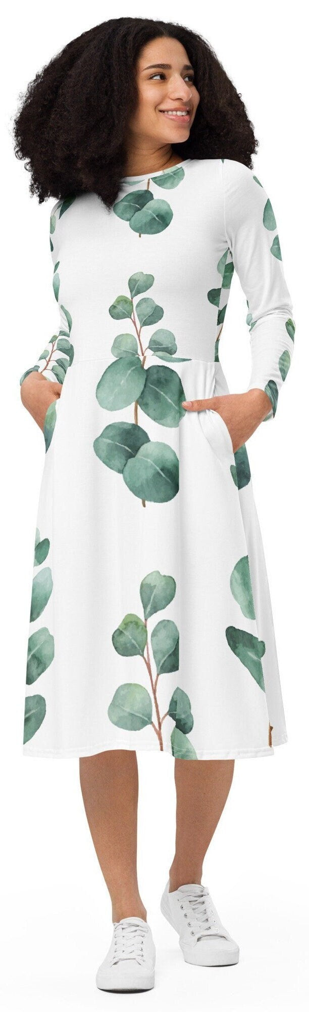 Oversize Long Sleeve Nature lovers Women Dress, Aesthetic Green Leaves White Plus Size Dress, All-over print long sleeve midi dress