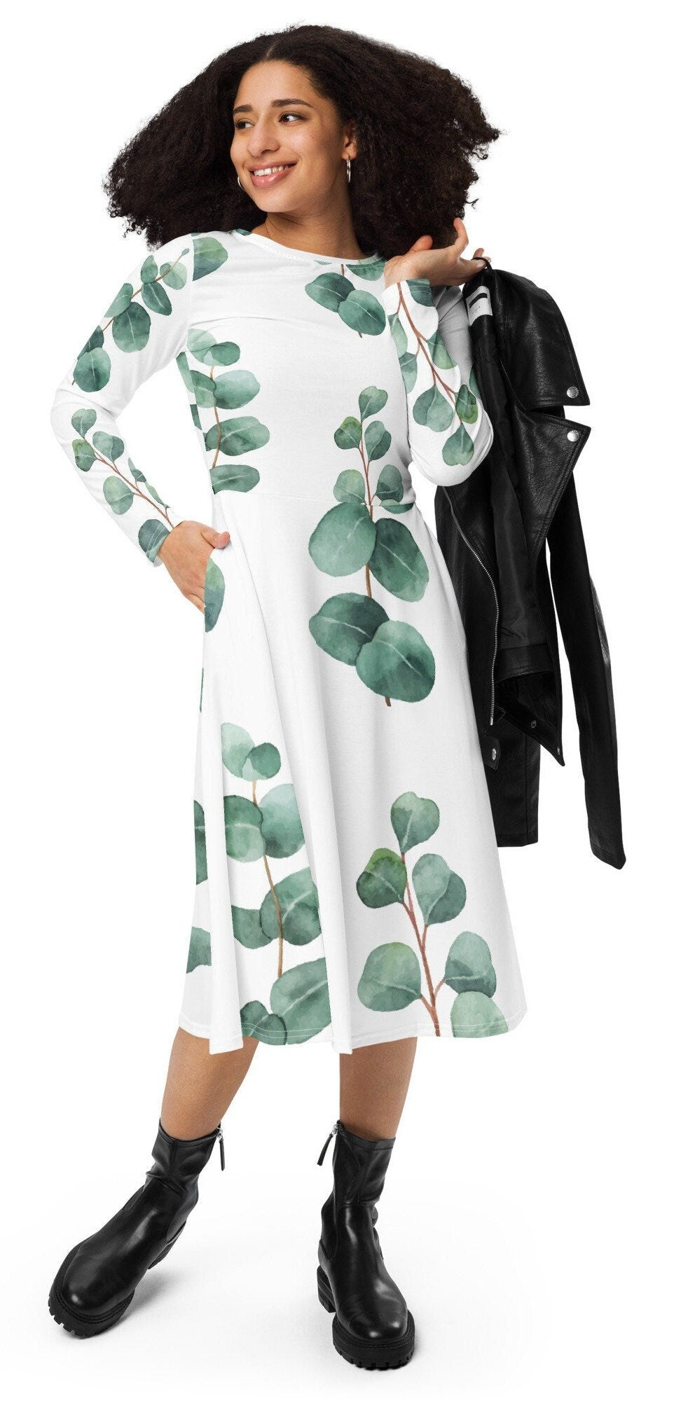 Oversize Long Sleeve Nature lovers Women Dress, Aesthetic Green Leaves White Plus Size Dress, All-over print long sleeve midi dress