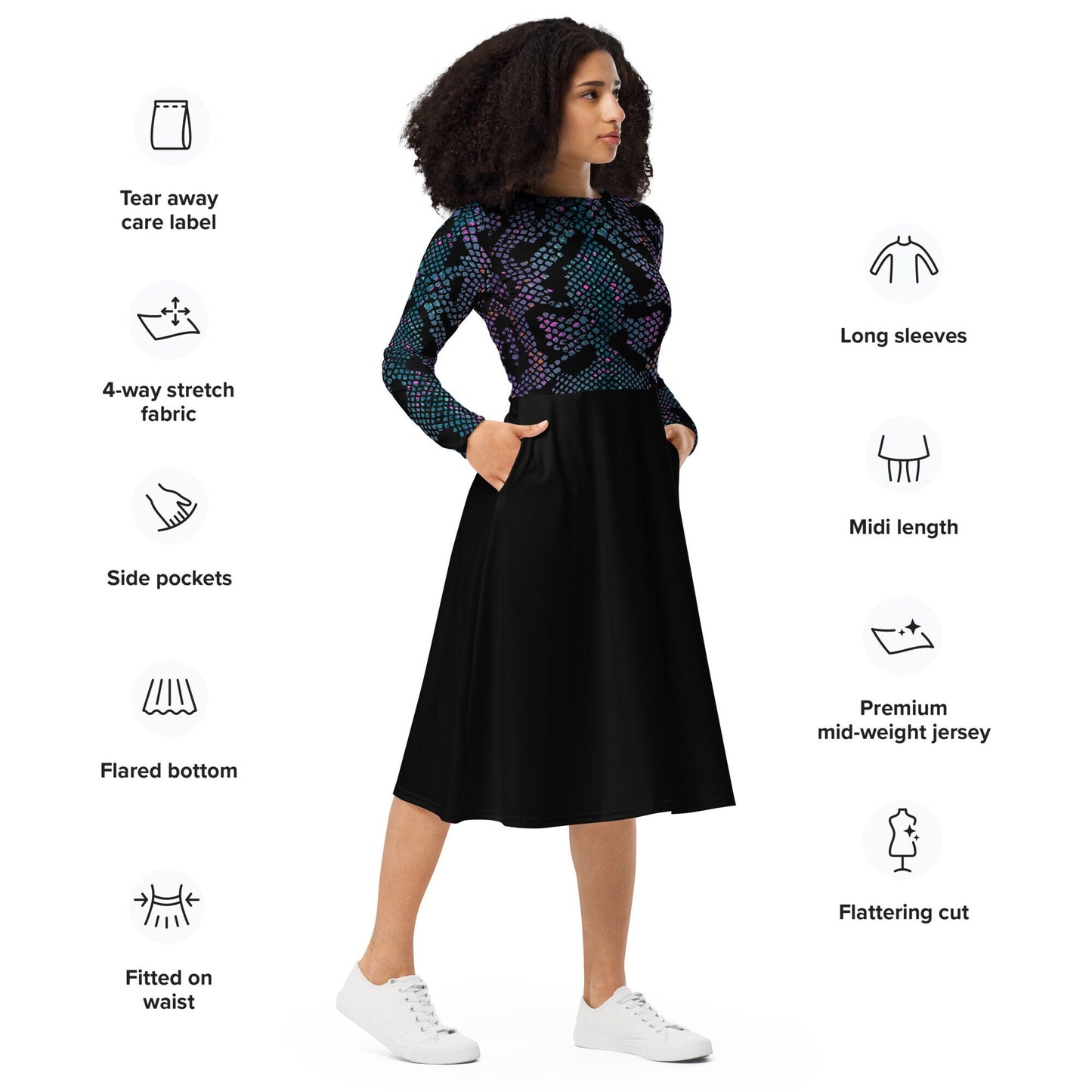 Plus Size Black Women Dress, Plus Size Midi Dress, Woman's Clothing, Oversized All-over print long sleeve midi dress