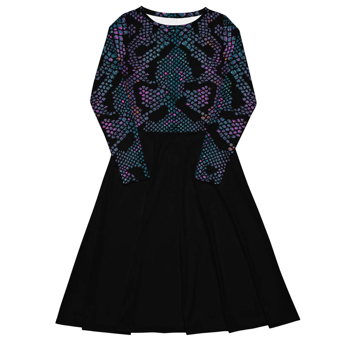 Plus Size Black Women Dress, Plus Size Midi Dress, Woman's Clothing, Oversized All-over print long sleeve midi dress