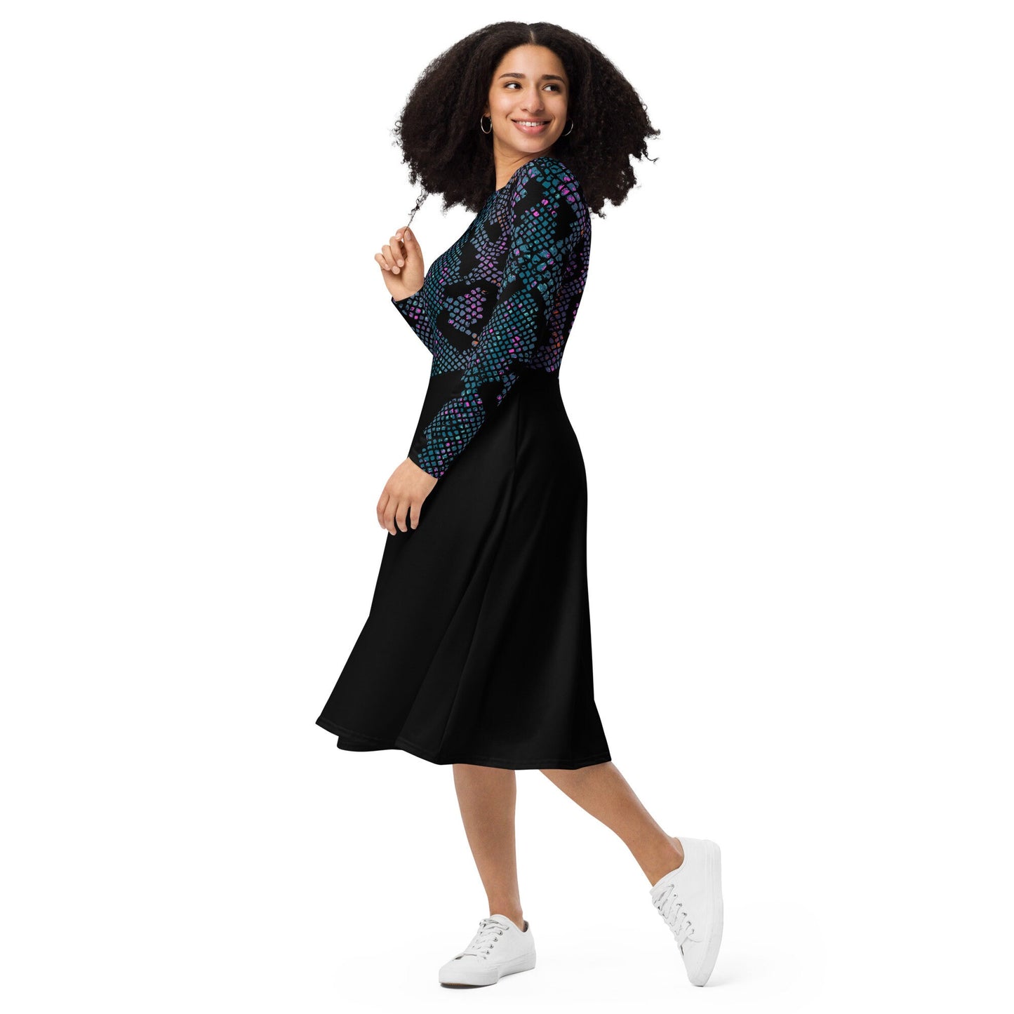 Plus Size Black Women Dress, Plus Size Midi Dress, Woman's Clothing, Oversized All-over print long sleeve midi dress