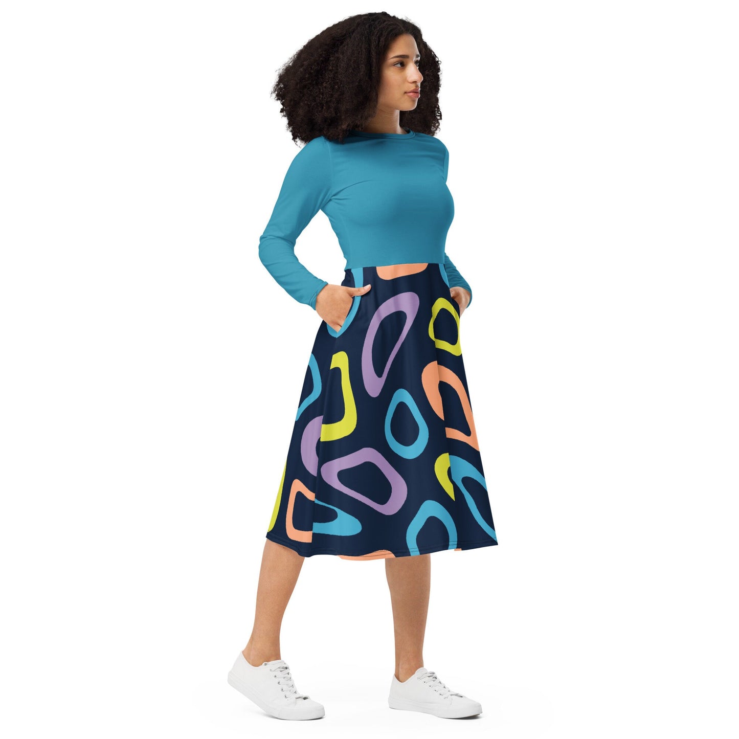 Black Plus Size Oversized Long Sleeve Dress, Plus Women Dress, Plus Size Midi Dress, Women's Clothing, All-over print long sleeve midi dress
